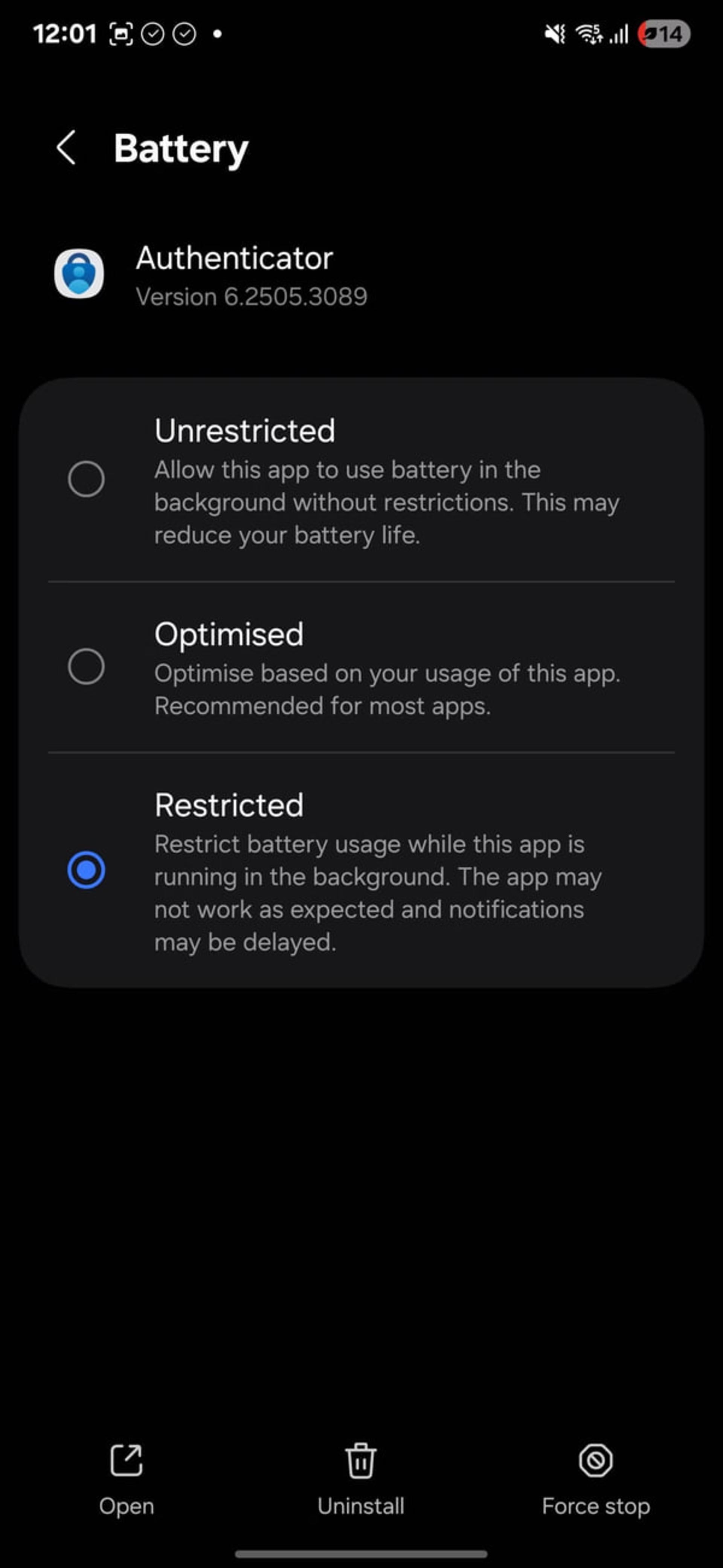 تنظیمات باتری (Battery) در گوشی اندروید برای محدود کردن فعالیت پسزمینه اپلیکیشن Authenticator