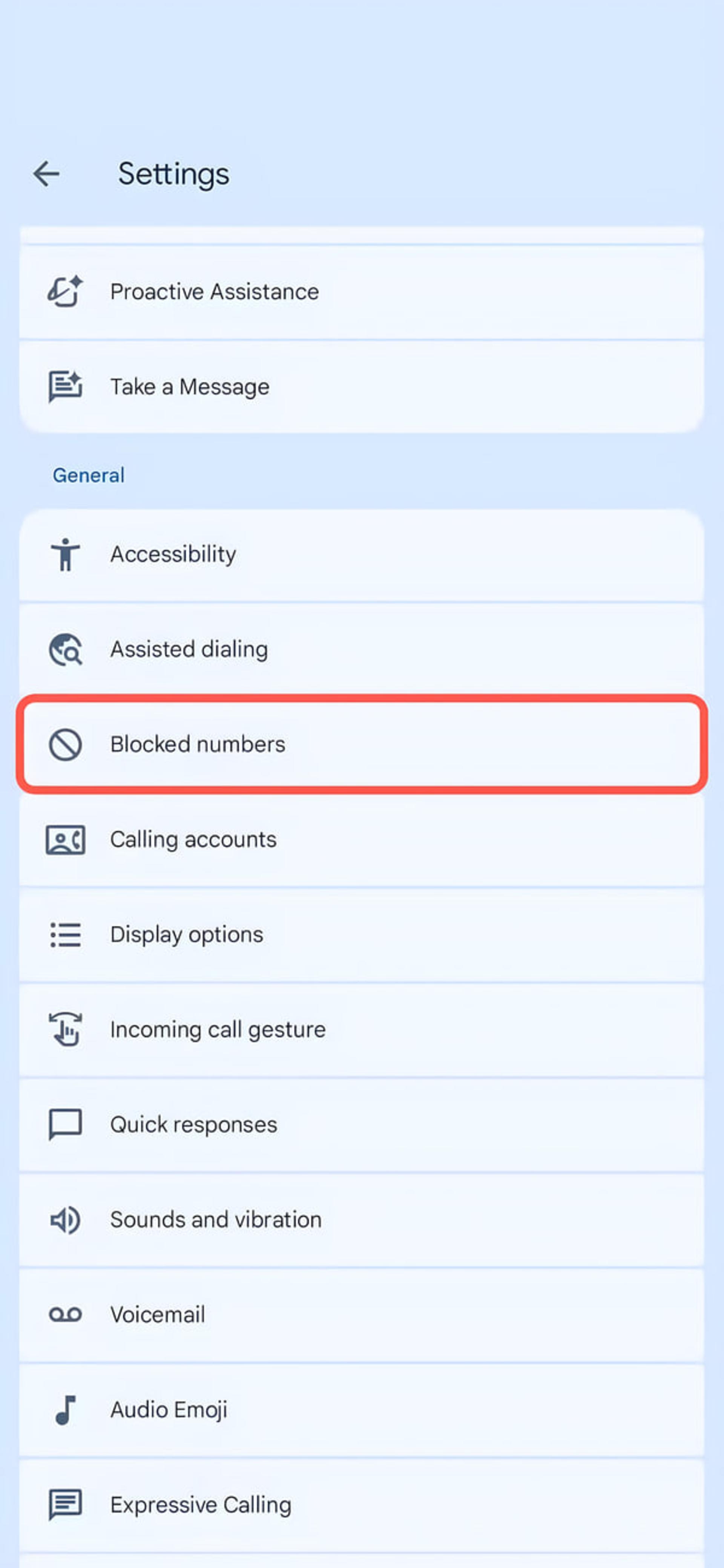 منوی تنظیمات اندروید و گزینه Blocked numbers (شمارههای مسدود شده) در کادر قرمز