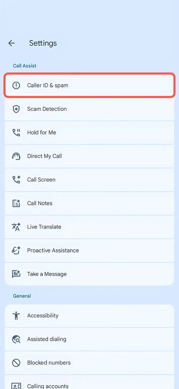 منوی تنظیمات Call Assist در گوشی اندروید با گزینه Caller ID & spam