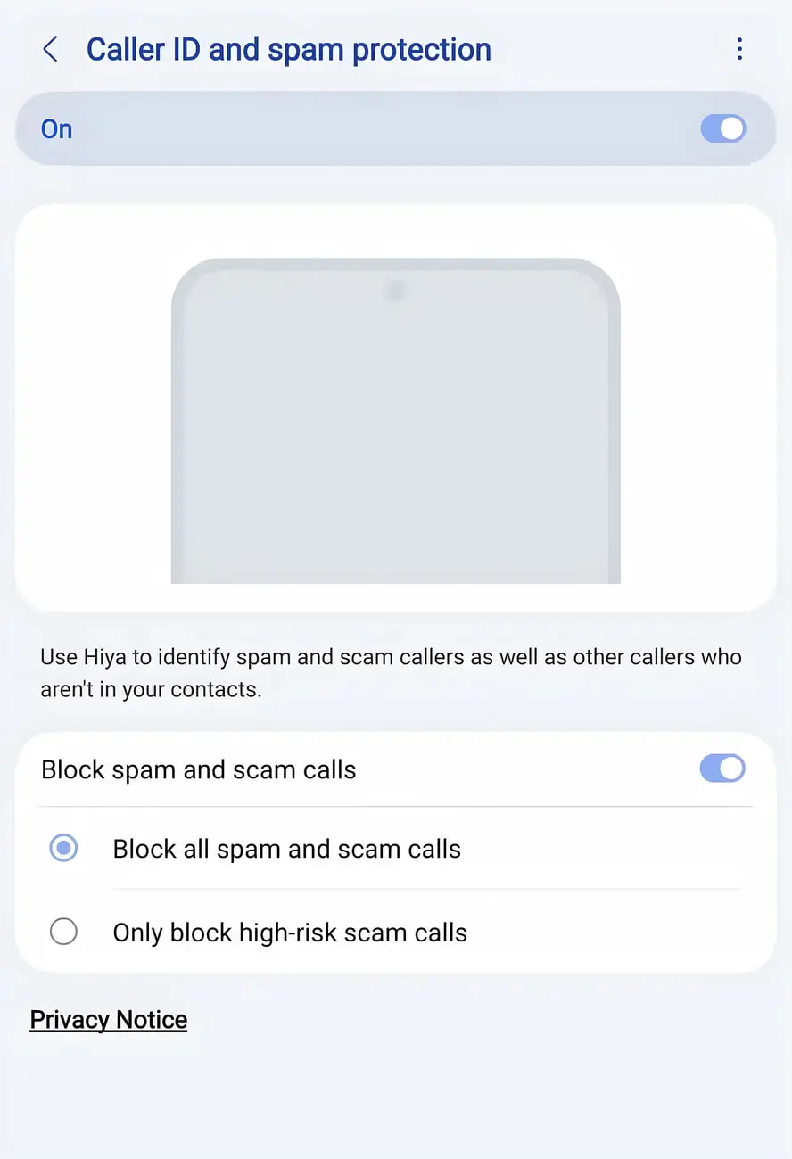 منوی تنظیمات Caller ID and spam protection در گوشی اندروید