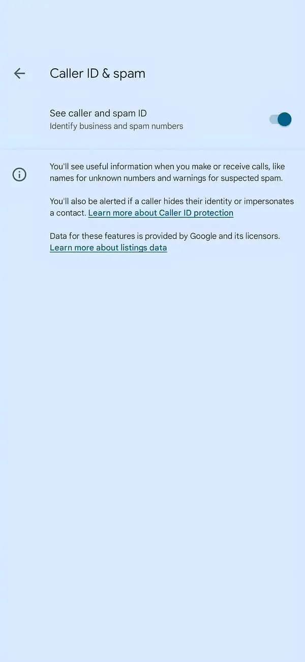 منوی تنظیمات Caller ID & spam در گوشی اندروید برای شناسایی شماره‌های اسپم