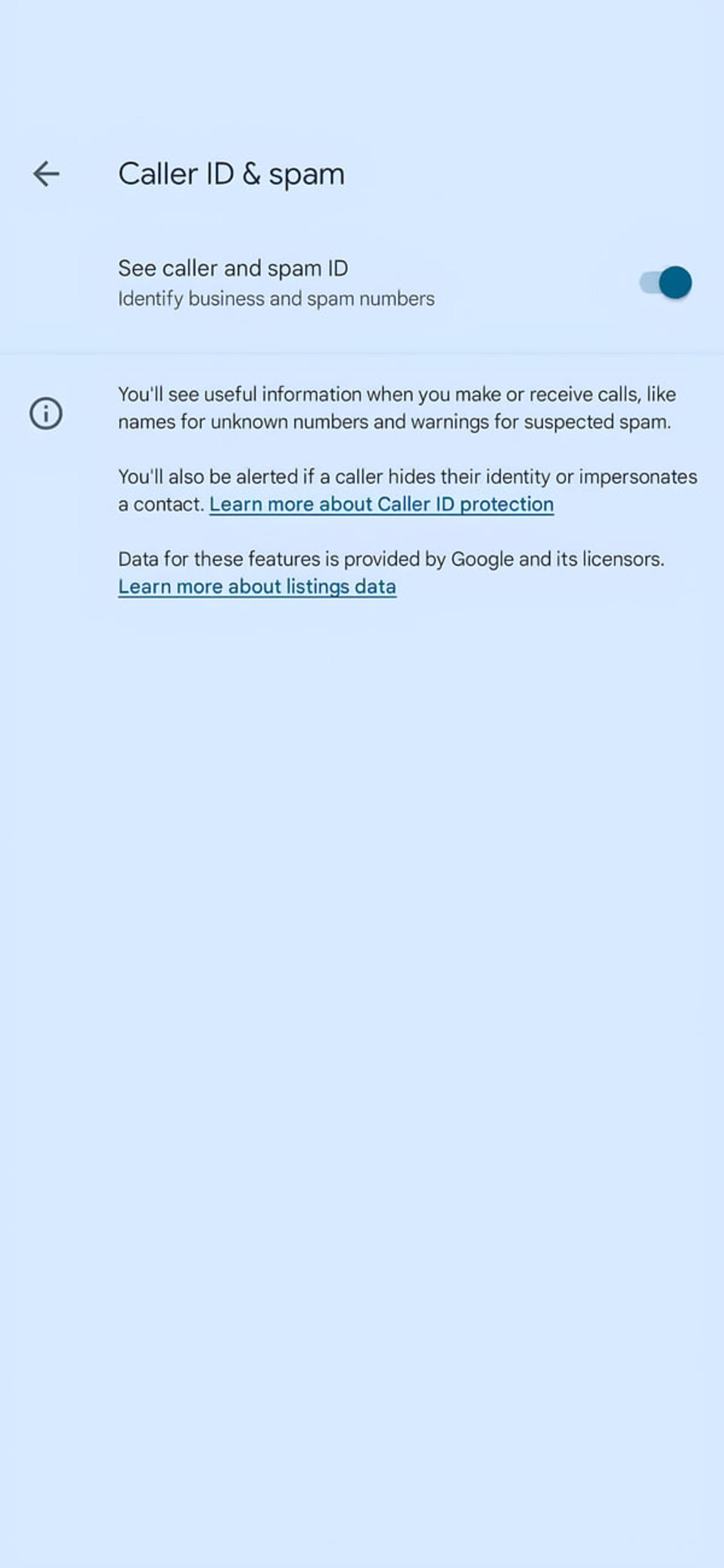 منوی تنظیمات Caller ID & spam در گوشی اندروید برای شناسایی شمارههای اسپم
