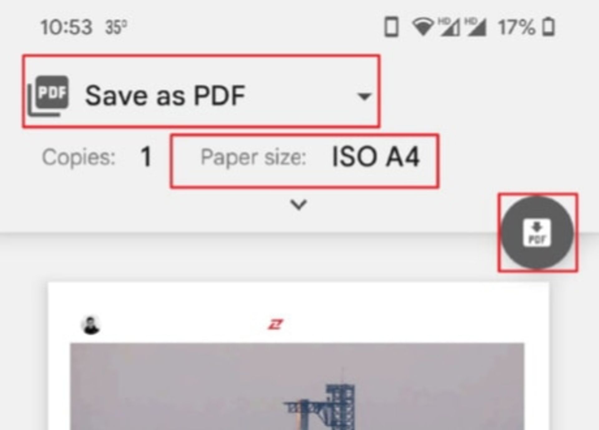 پنجره‌ی گزینه‌‌های پرینت در کروم اندروید و انتخاب گزینه‌ی Save as pdf