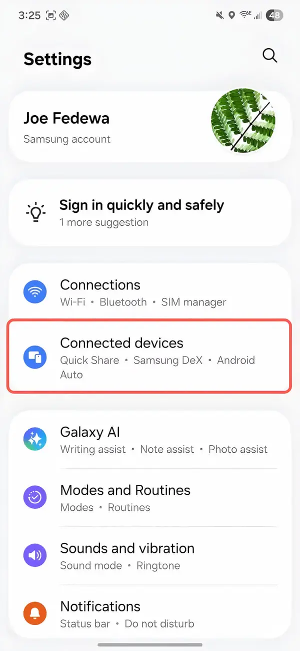 منوی تنظیمات بخش Connected devices در گوشی اندرویدی با قابلیت Samsung DeX