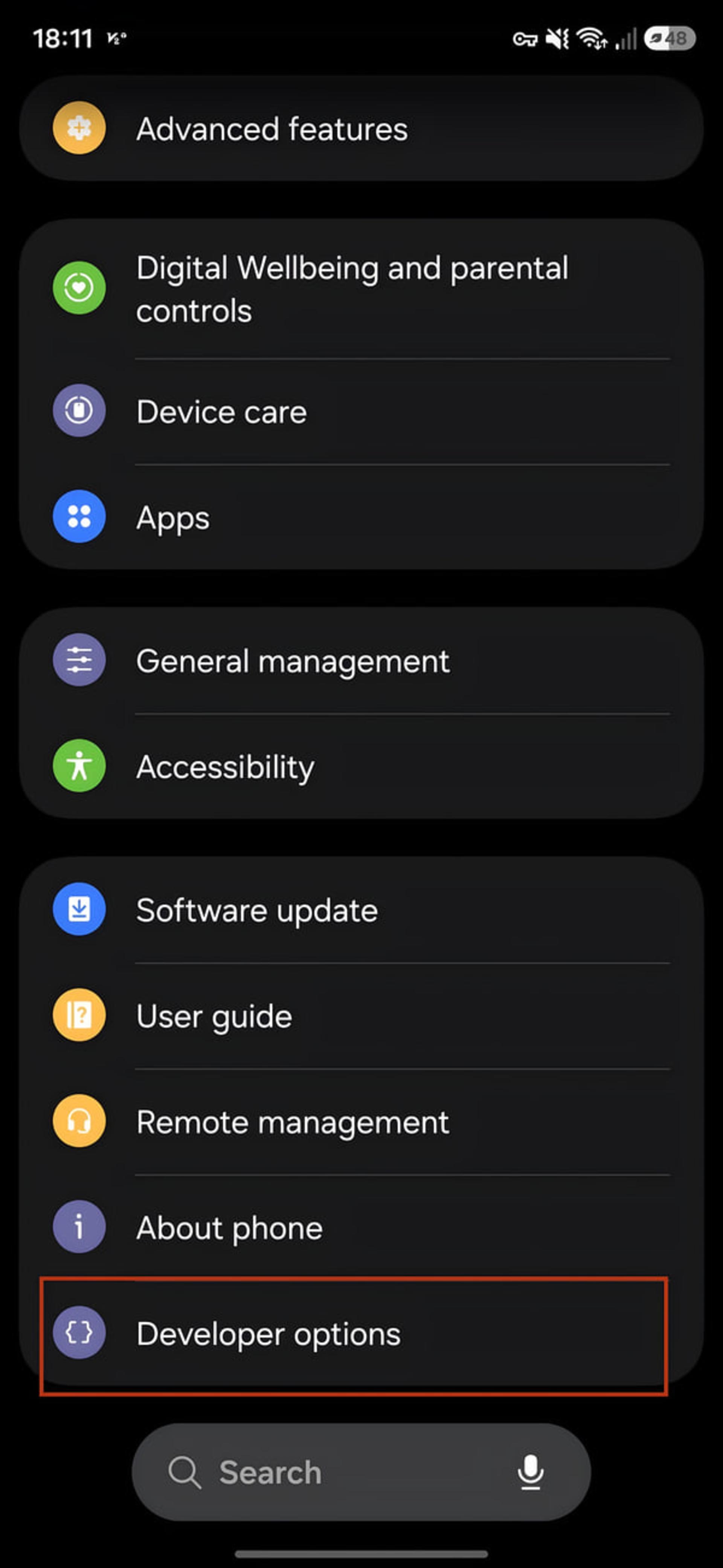 منوی تنظیمات اندروید که گزینه Developer options در کادر قرمز مشخص شده است