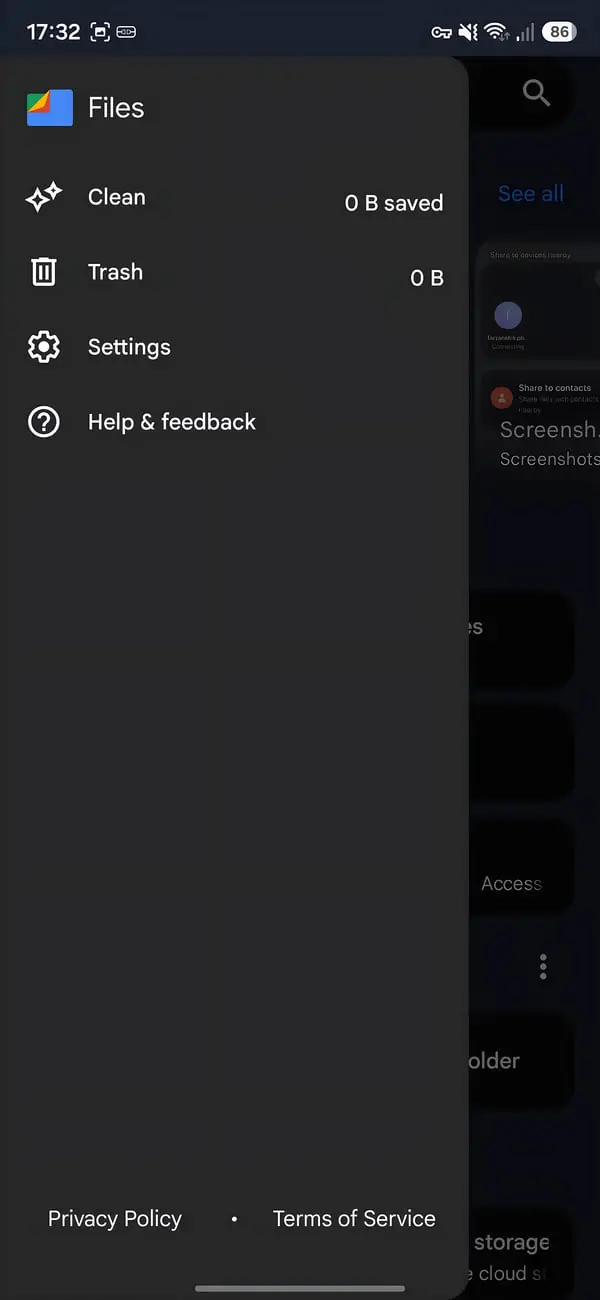 منوی اصلی اپلیکیشن Files اندروید شامل گزینه‌های Clean و Trash و Settings