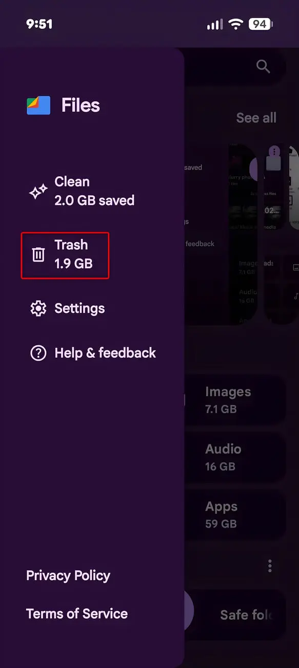 بخش Trash در برنامه مدیریت فایل اندروید برای آزادسازی فضای ذخیره‌سازی