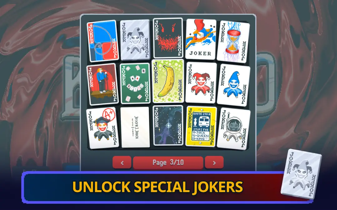 مجموعه‌ای از کارت‌های جوکر (Joker) با طرح‌های متنوع در محیط بازی موبایل