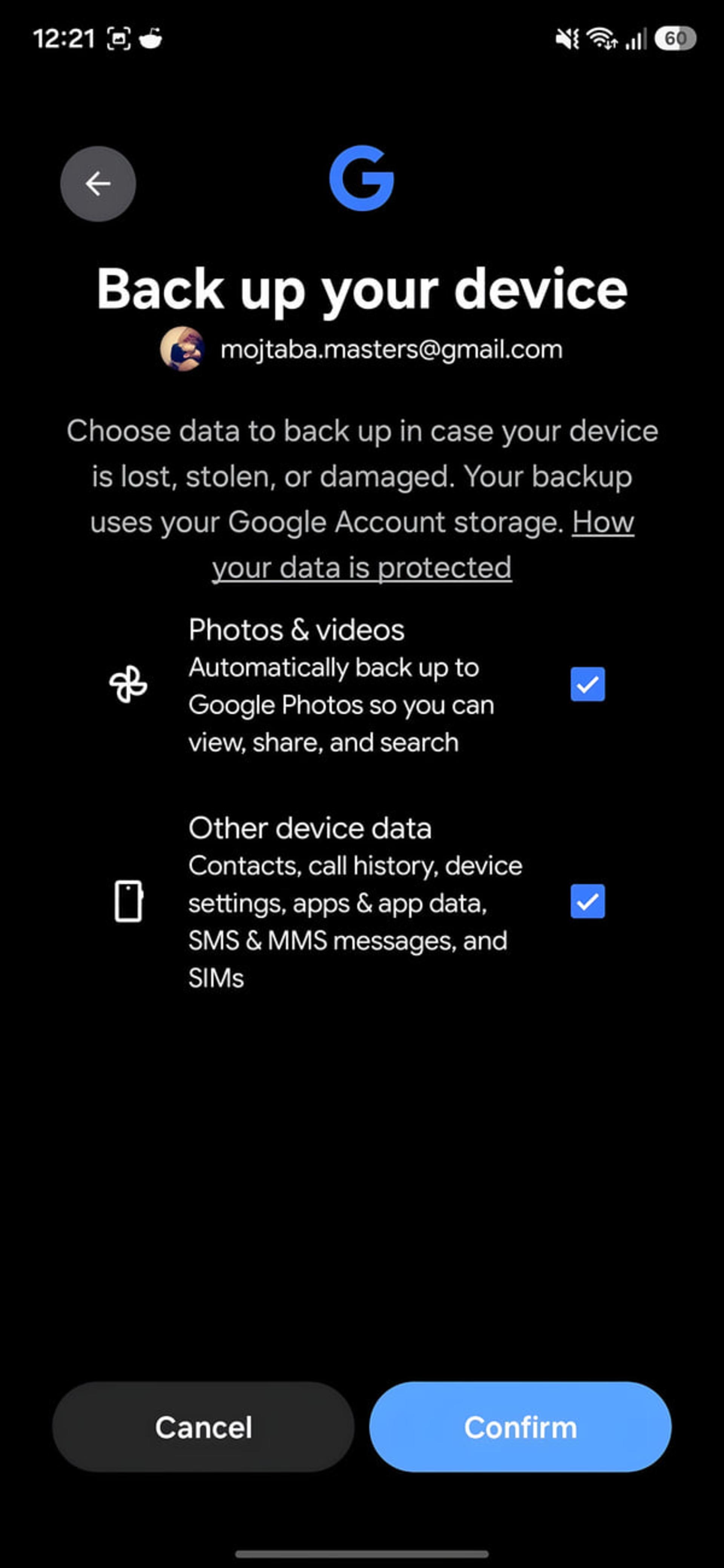 منوی تنظیمات پشتیبانگیری (Back up) در حساب گوگل اندروید