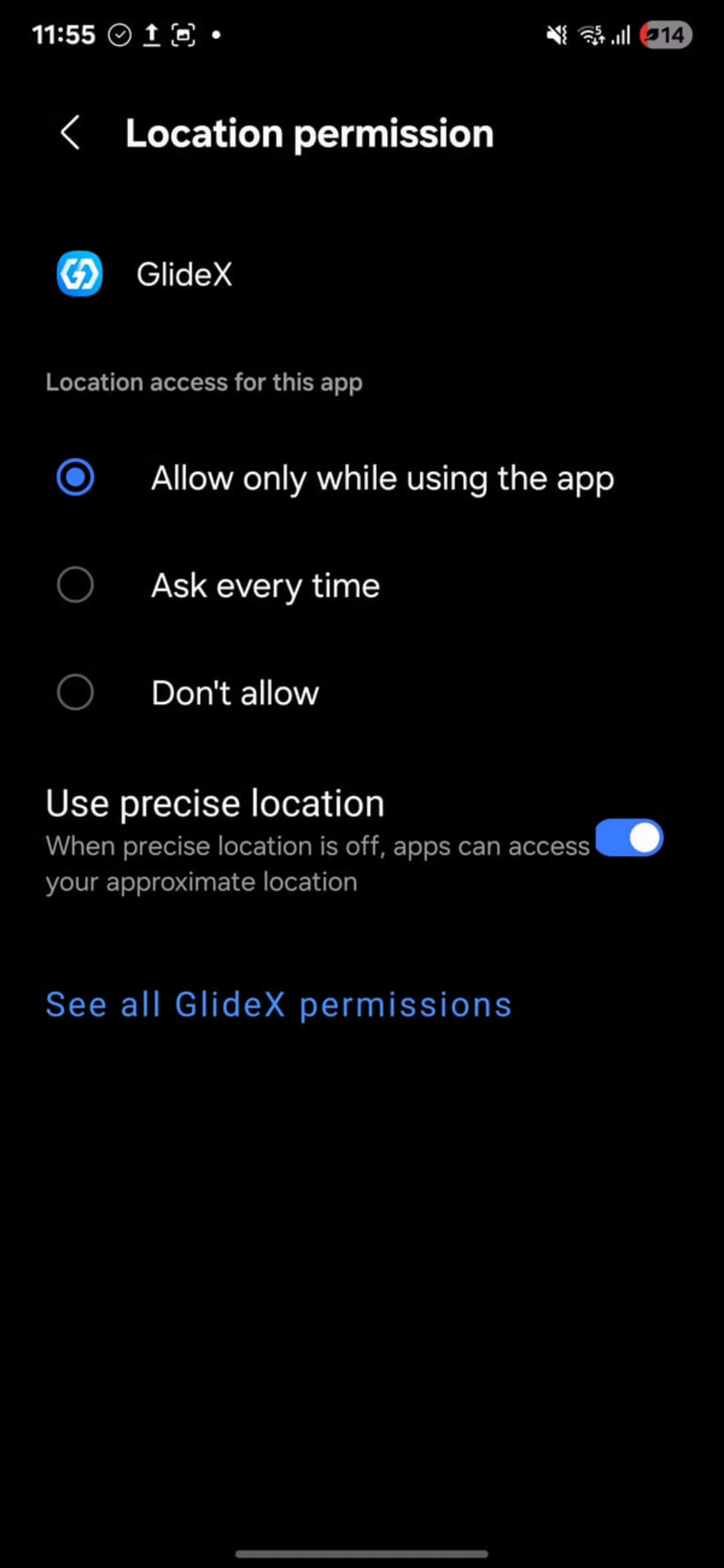 تنظیمات دسترسی موقعیت مکانی (Location permission) در اپلیکیشن GlideX در گوشی اندرویدی
