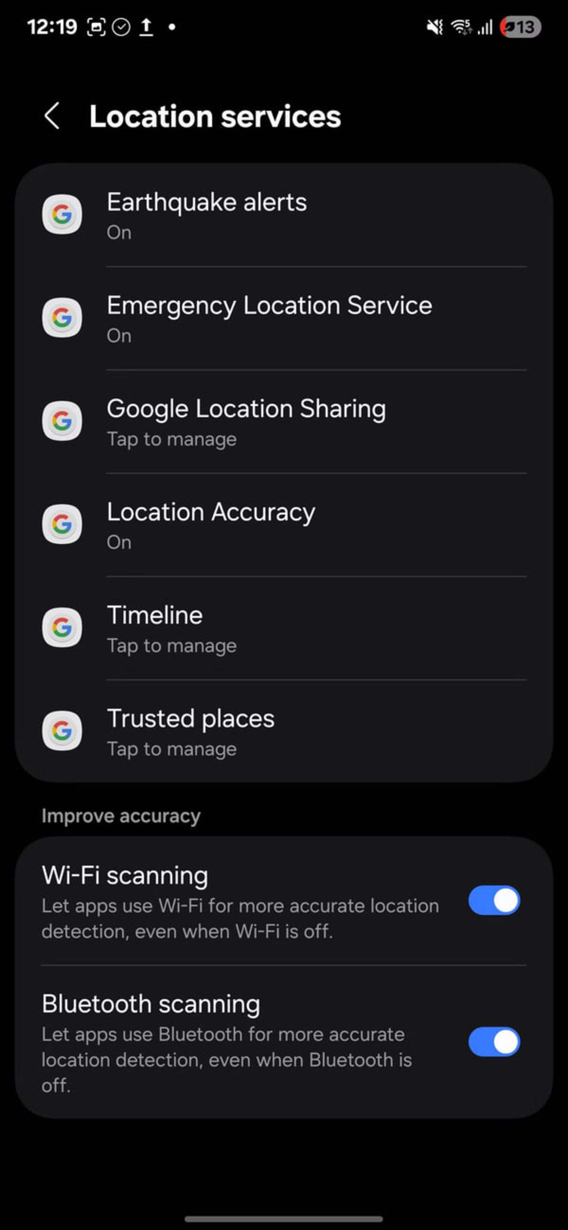 منوی خدمات مکان (Location services) در تنظیمات گوشی اندرویدی برای مدیریت حریم خصوصی