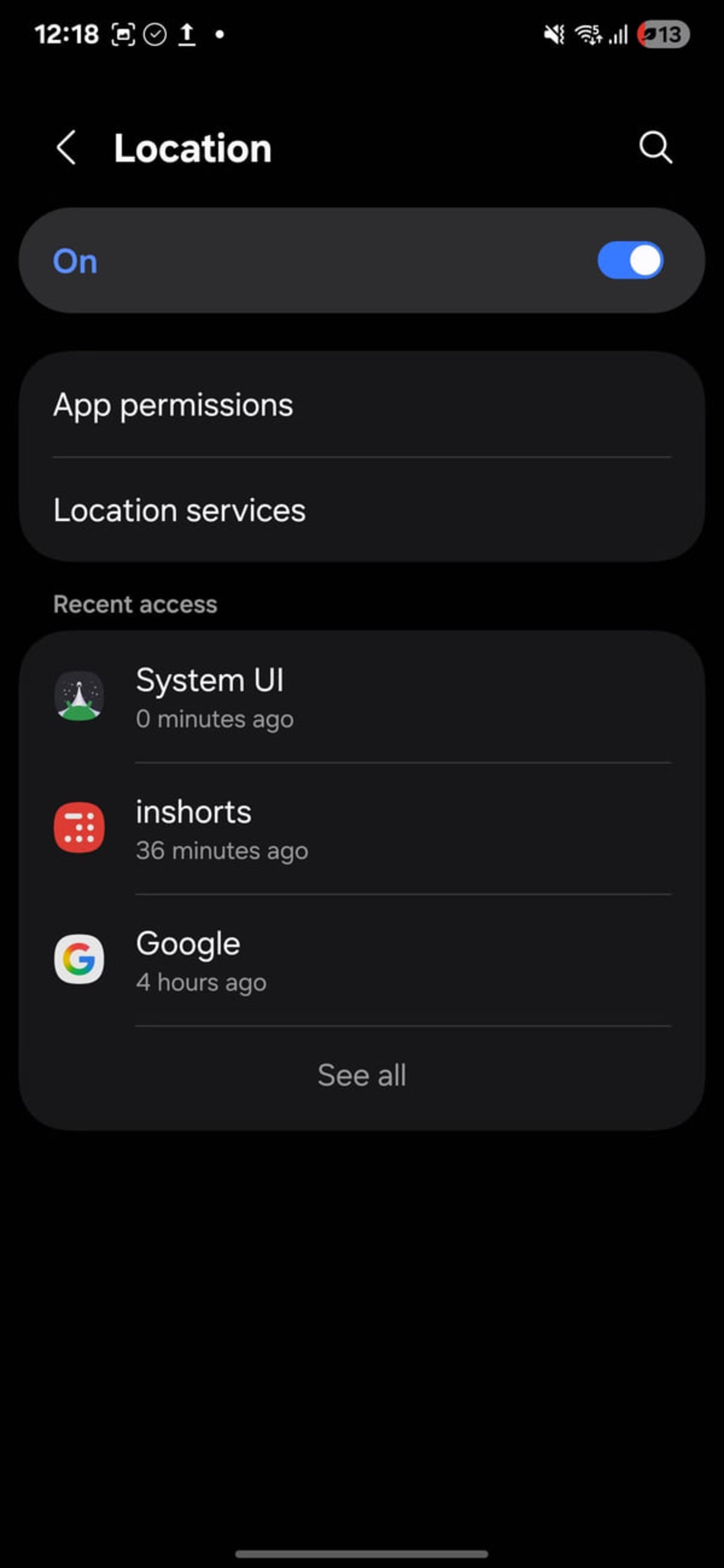 منوی تنظیمات مکان (Location) در گوشی اندرویدی با وضعیت روشن