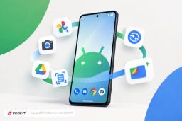 نمای گرافیکی گوشی هوشمند اندروید (Android) در میان آیکون‌های اپلیکیشن‌های گوگل