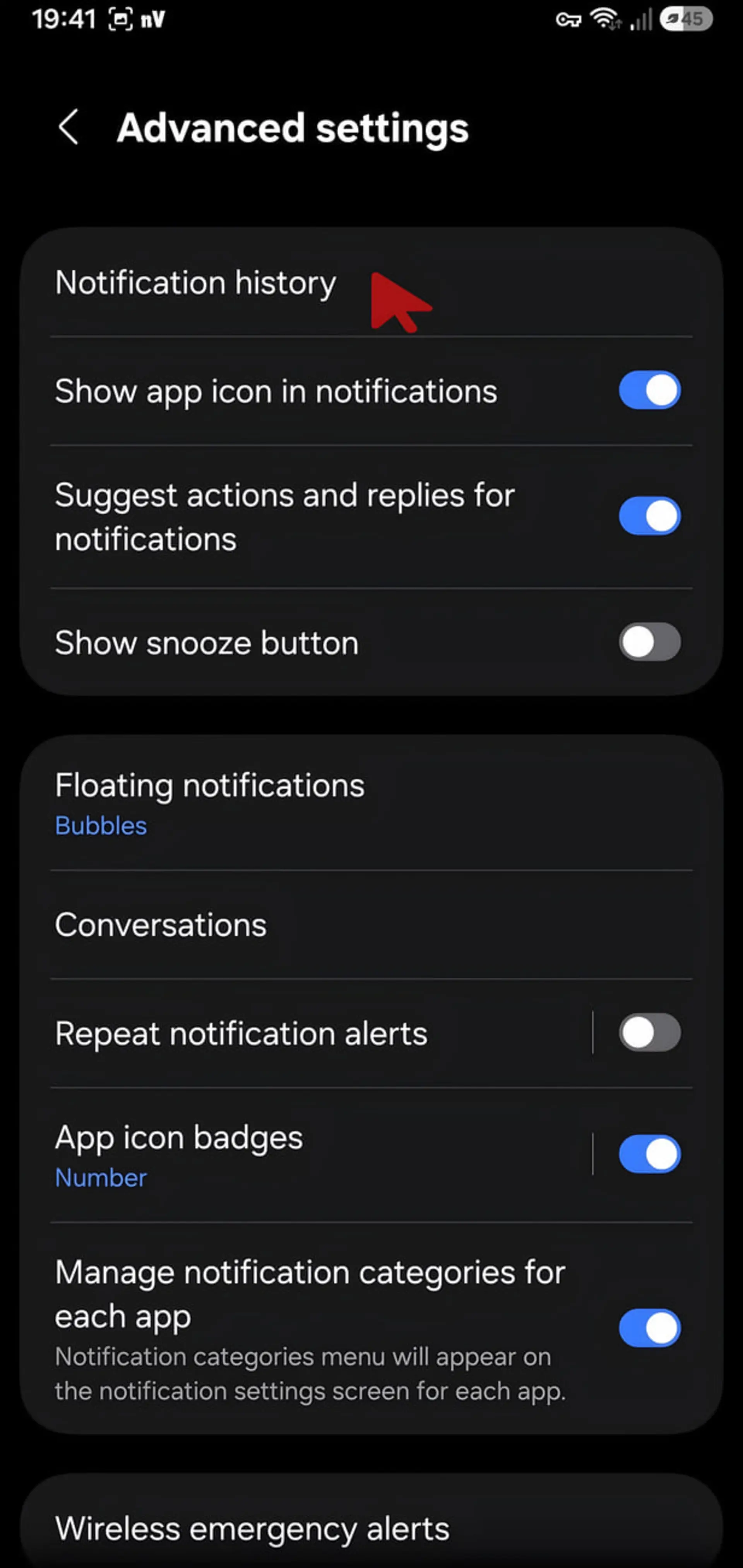 منوی تنظیمات پیشرفته اعلان‌ها (Advanced settings) در گوشی اندروید با گزینه تاریخچه اعلان‌ها