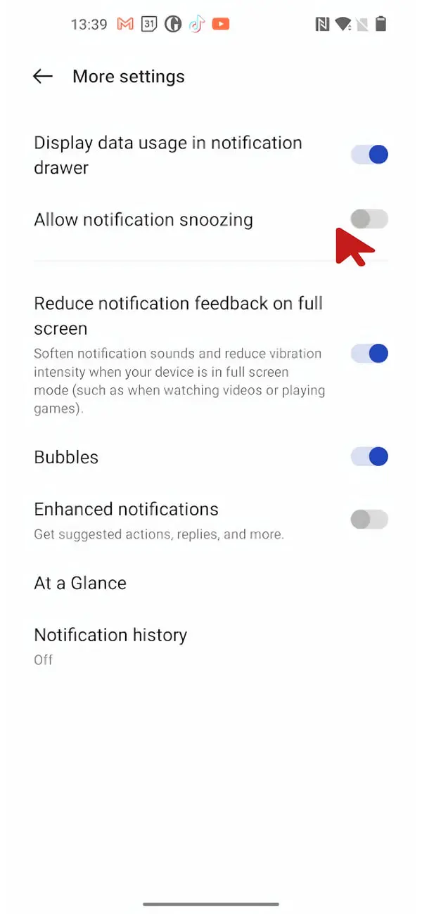 تنظیمات Allow notification snoozing در منوی More settings گوشی اندروید