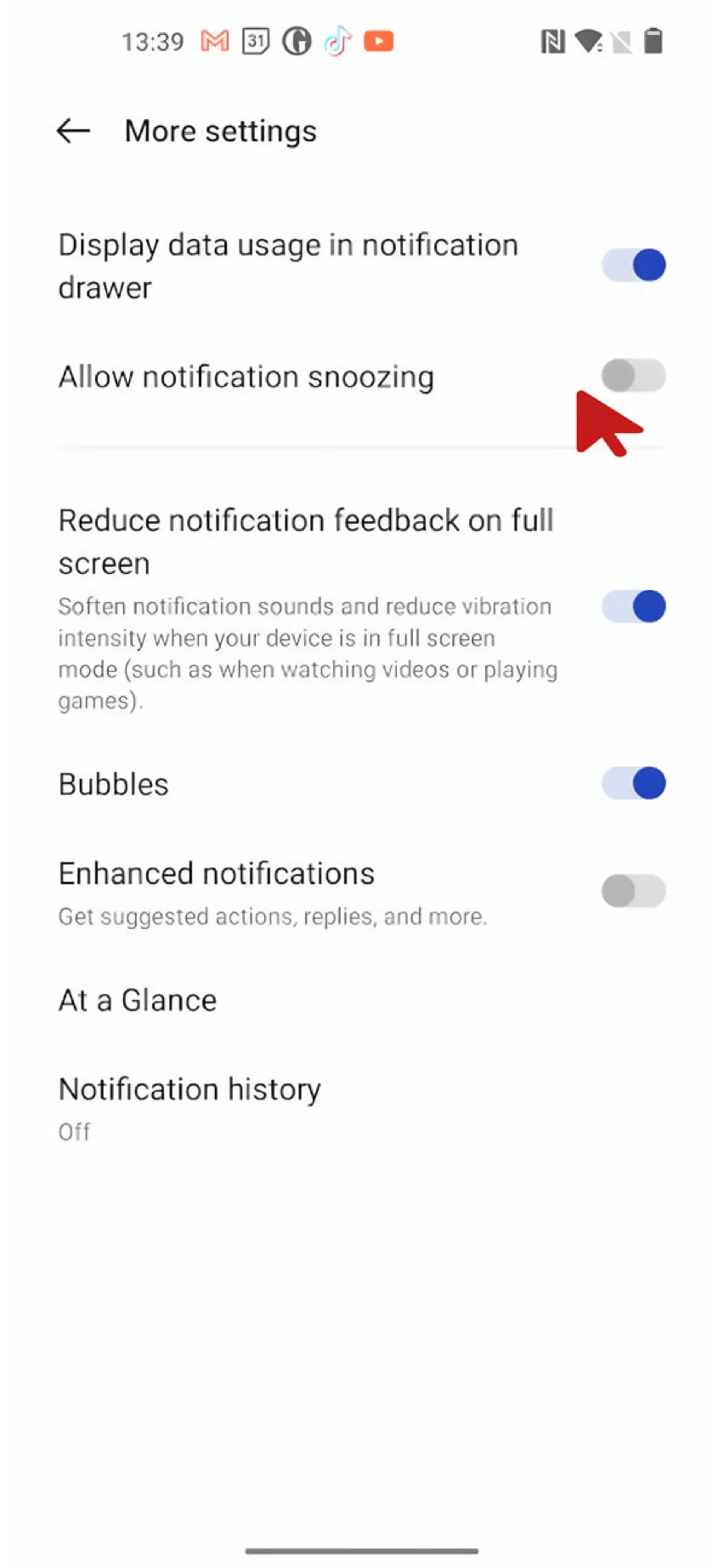 تنظیمات Allow notification snoozing در منوی More settings گوشی اندروید