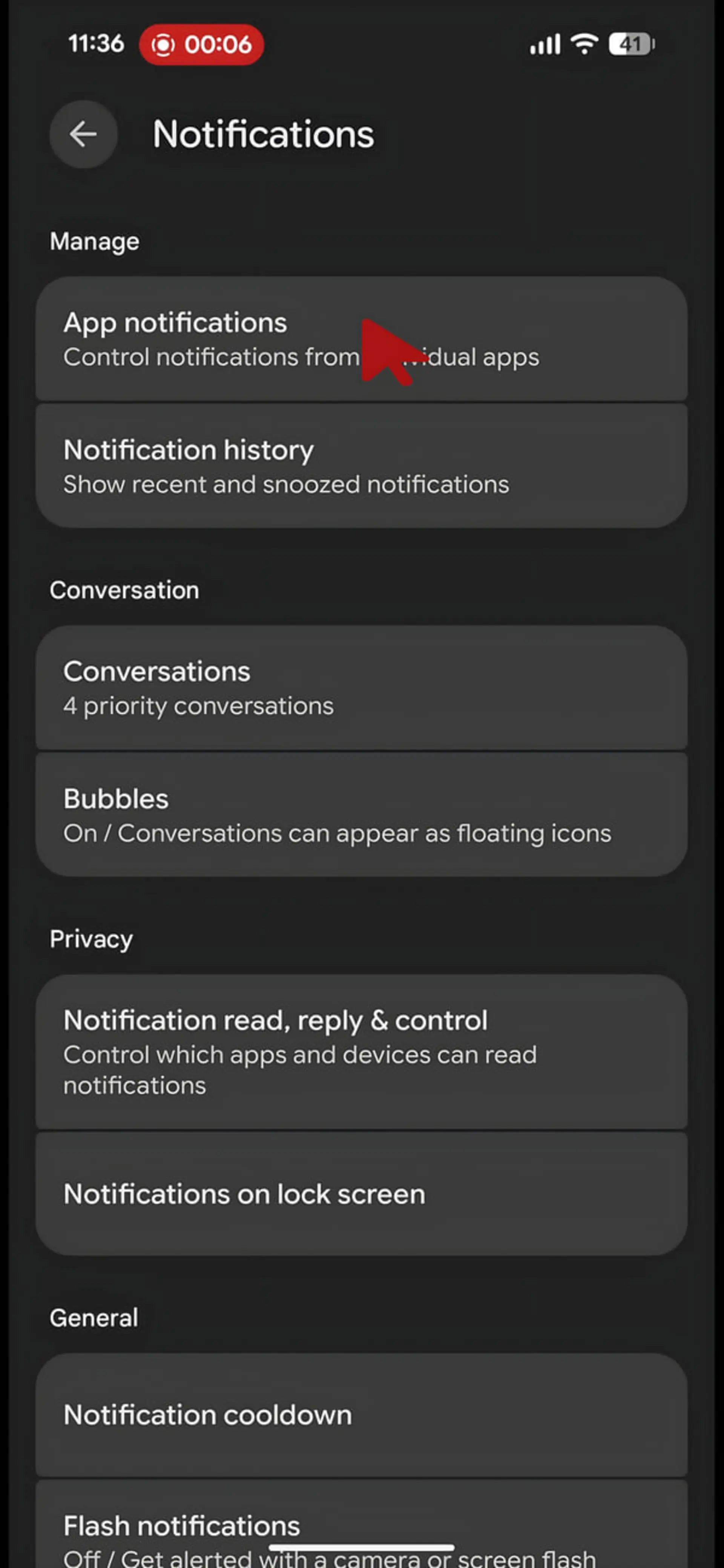 منوی تنظیمات اعلان‌ها (Notifications) در گوشی هوشمند با سیستم‌عامل اندروید