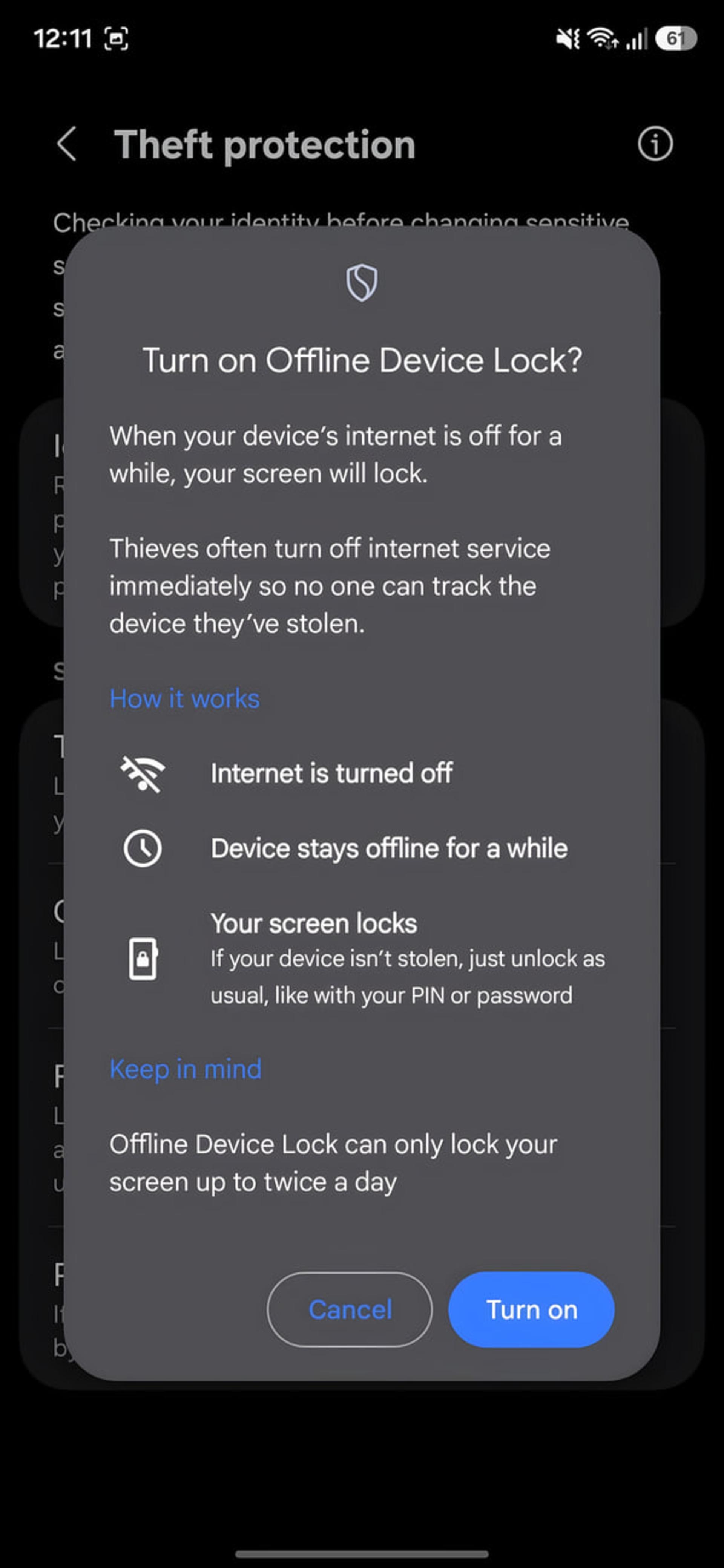 منوی فعالسازی قفل آفلاین دستگاه (Offline Device Lock) در تنظیمات اندروید