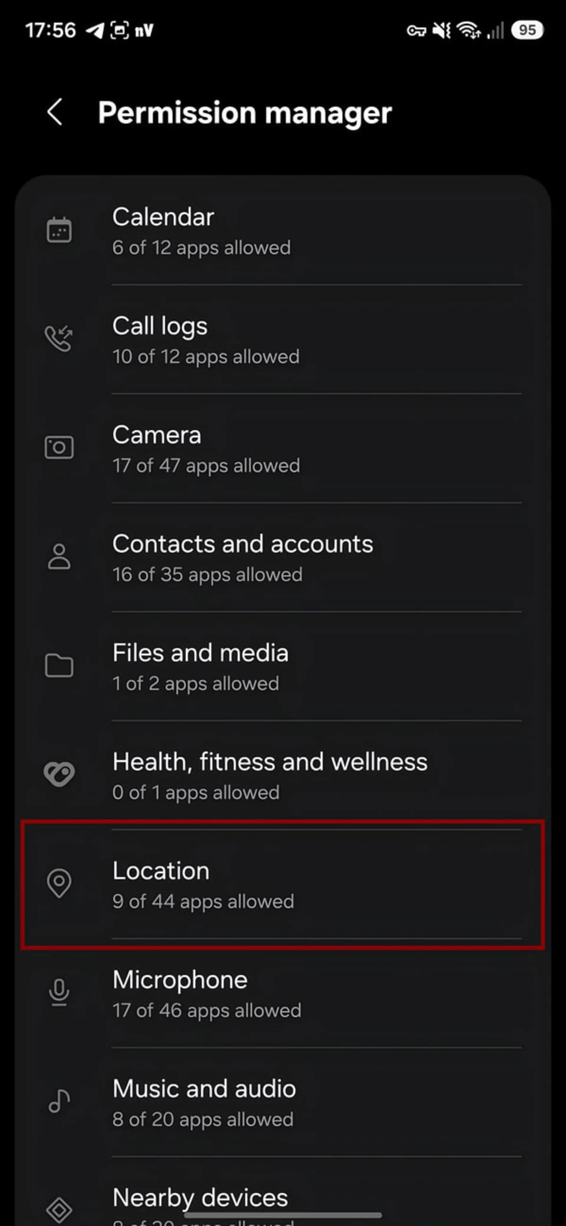 بخش مدیریت دسترسی‌ها (Permission manager) در تنظیمات گوشی اندرویدی با تمرکز بر دسترسی مکان (Location)