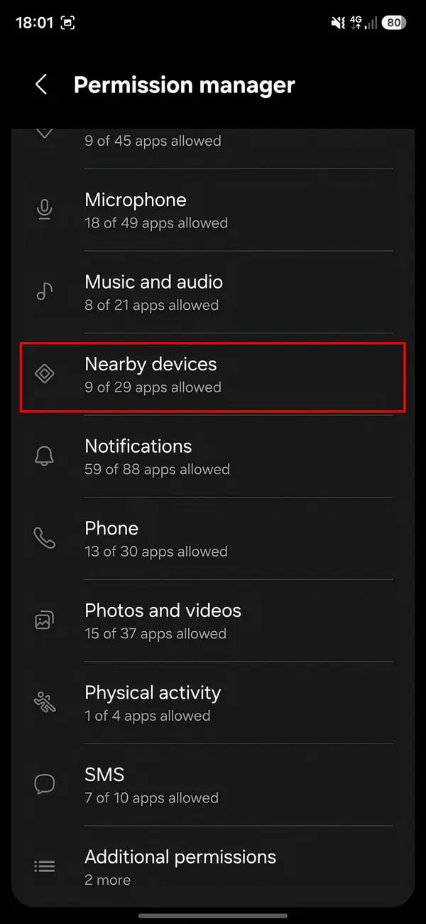 بخش مدیریت مجوزهای Nearby devices در تنظیمات گوشی اندروید