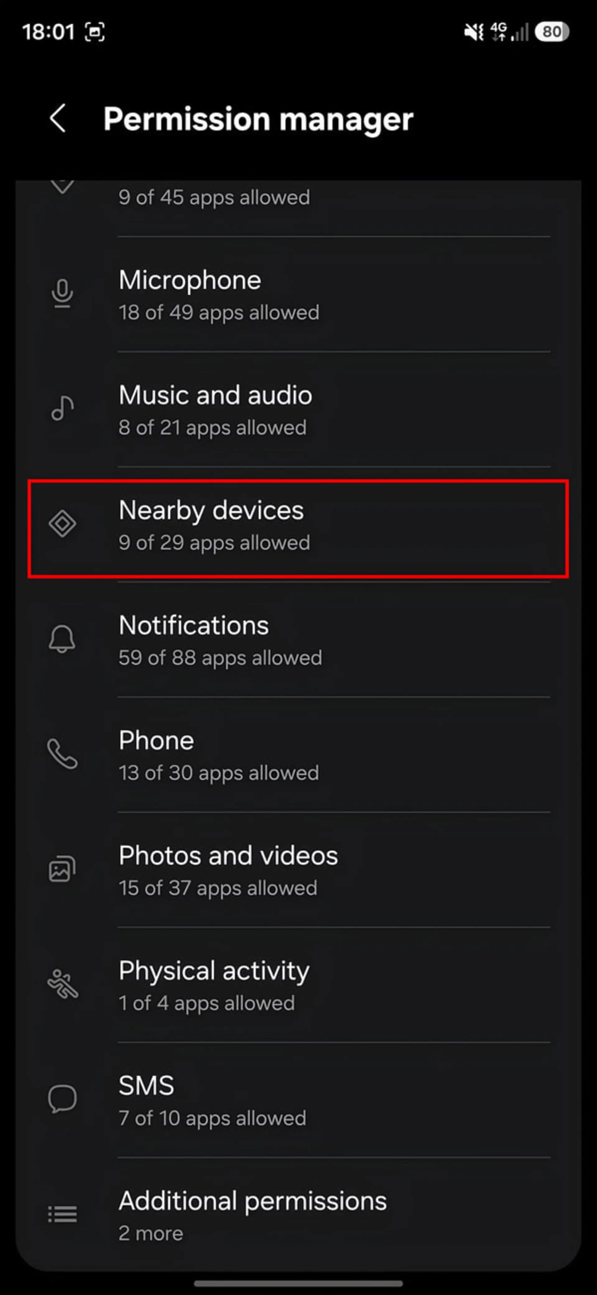 بخش مدیریت مجوزهای Nearby devices در تنظیمات گوشی اندروید