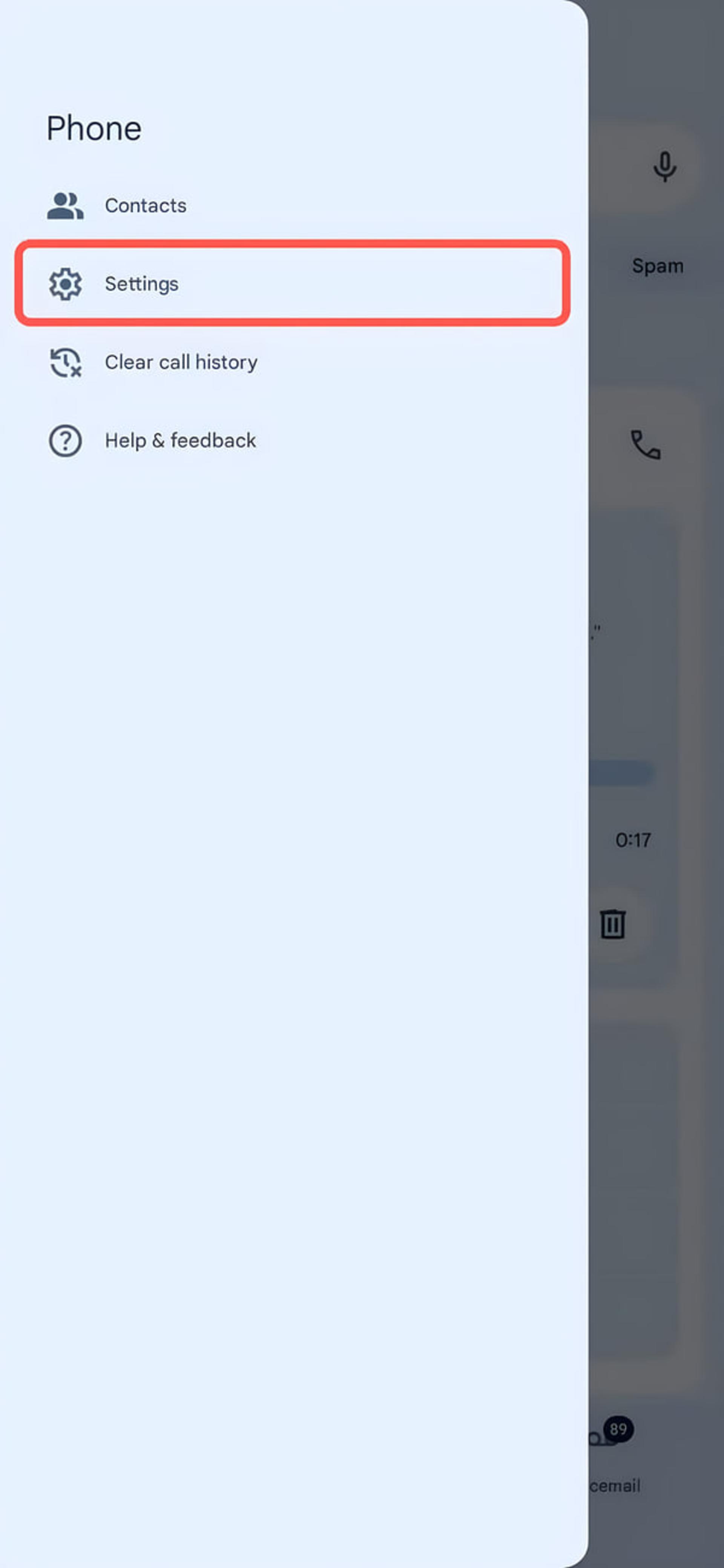 منوی تنظیمات (Settings) در برنامه تلفن گوشی اندروید