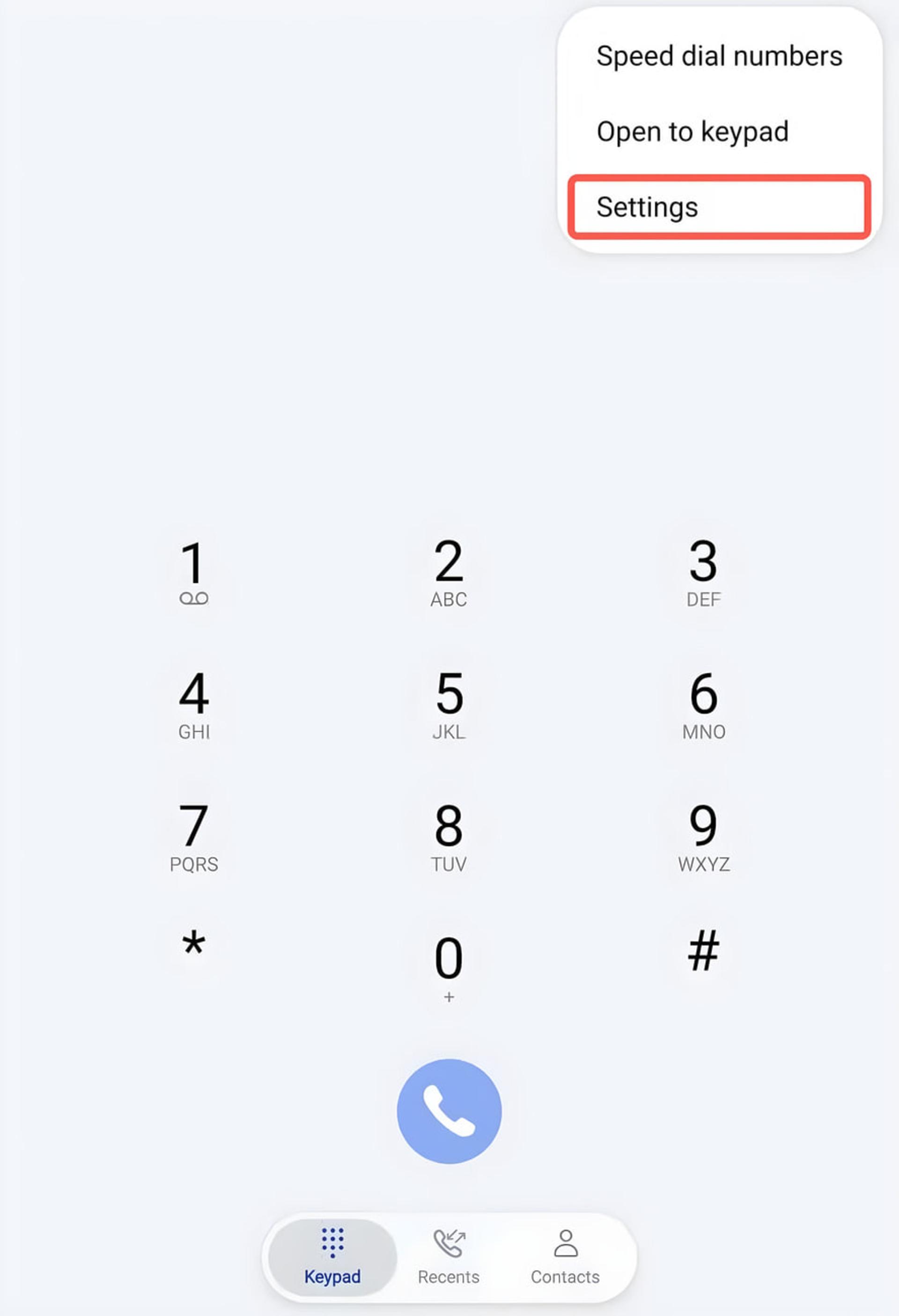 صفحه شمارهگیر گوشی اندروید با منوی باز شده تنظیمات (Settings)