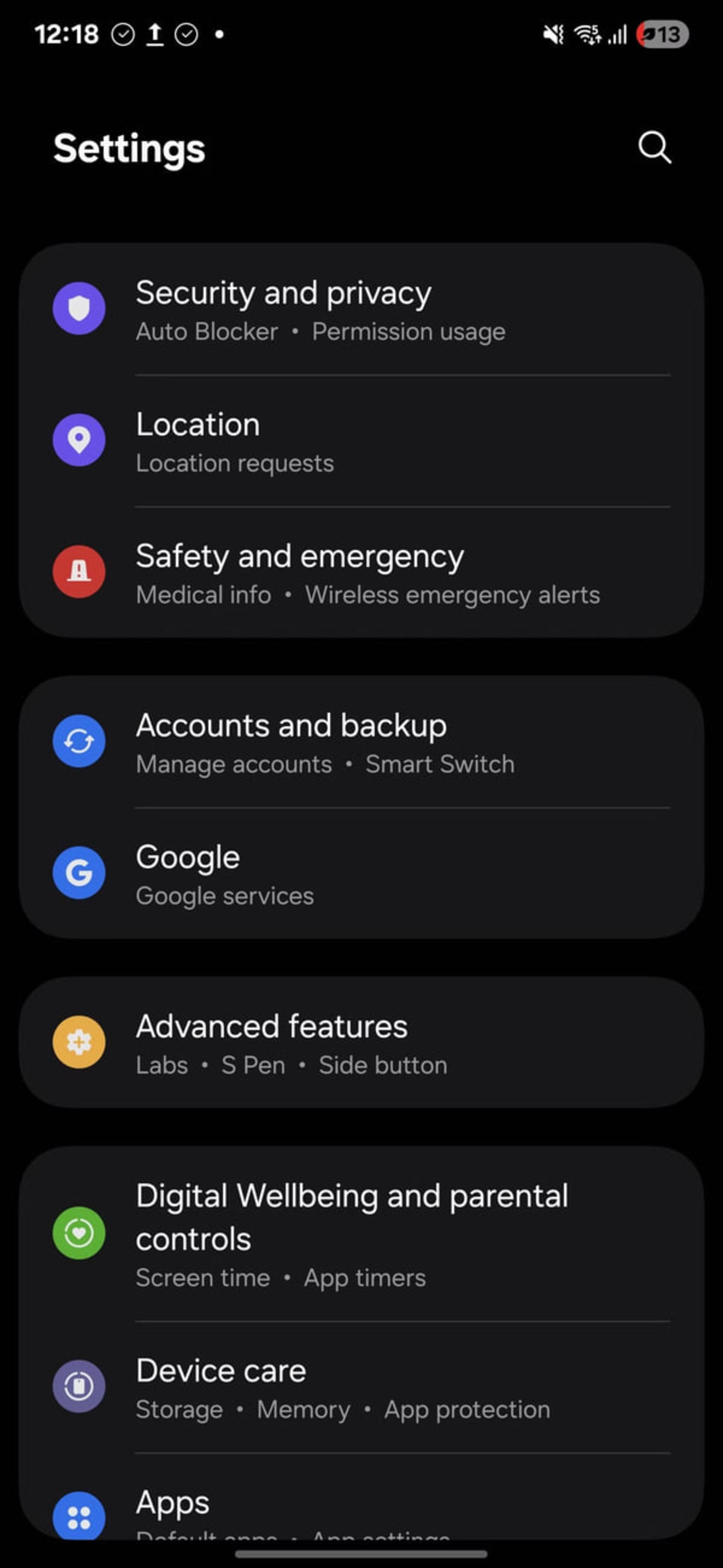 منوی تنظیمات امنیت و حریم خصوصی (Security and privacy) در گوشی اندرویدی