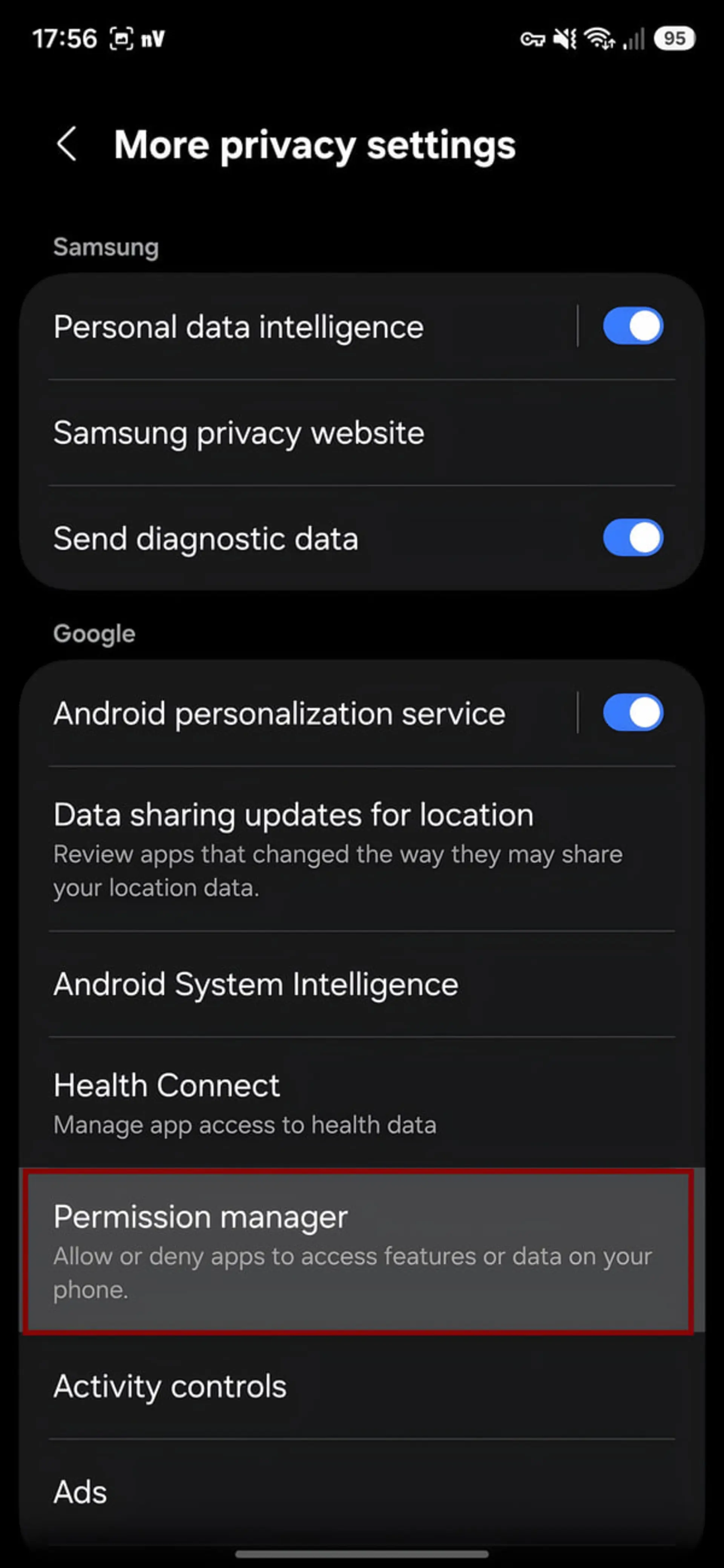 منوی تنظیمات حریم خصوصی (Privacy settings) در گوشی‌های اندرویدی سامسونگ