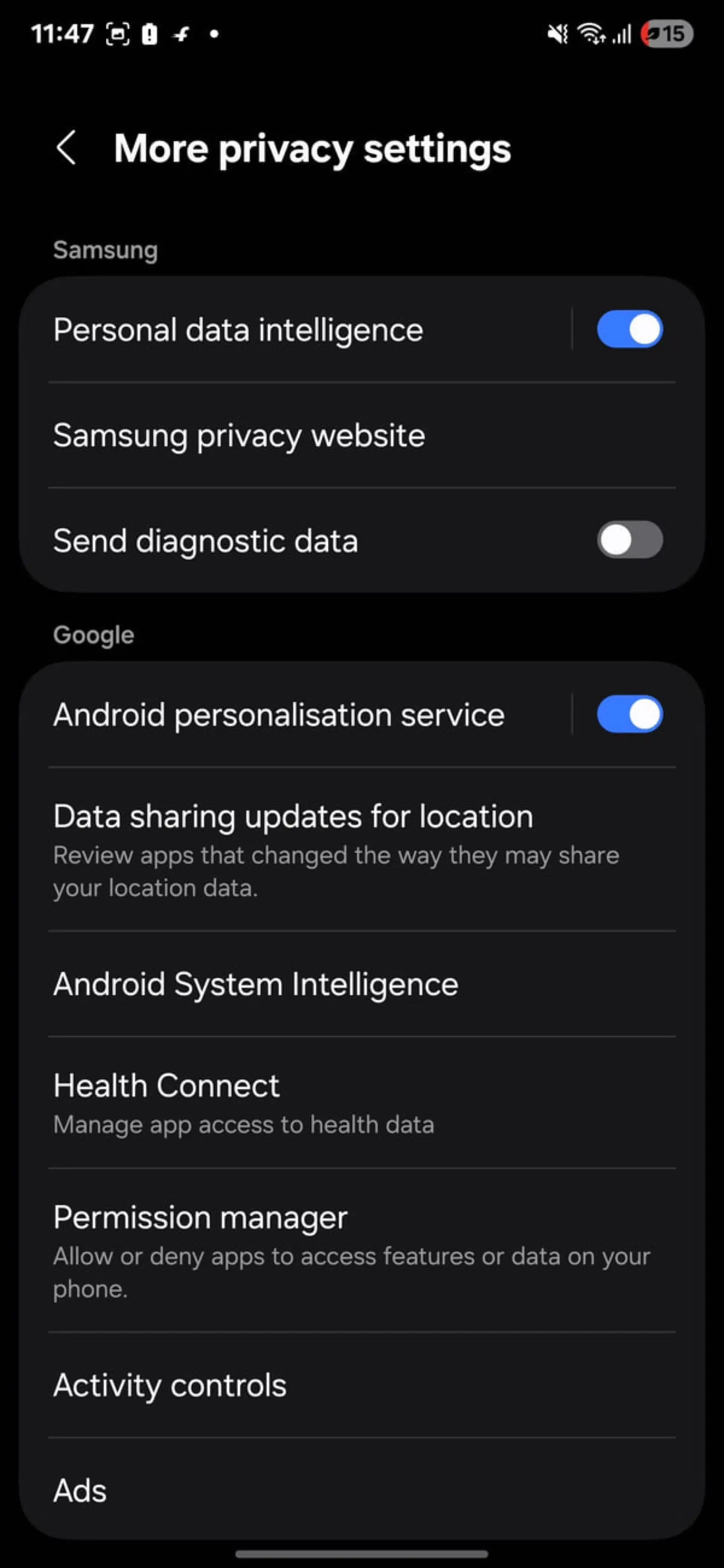 منوی تنظیمات حریم خصوصی (More privacy settings) در گوشی سامسونگ با گزینههای گوگل و سامسونگ