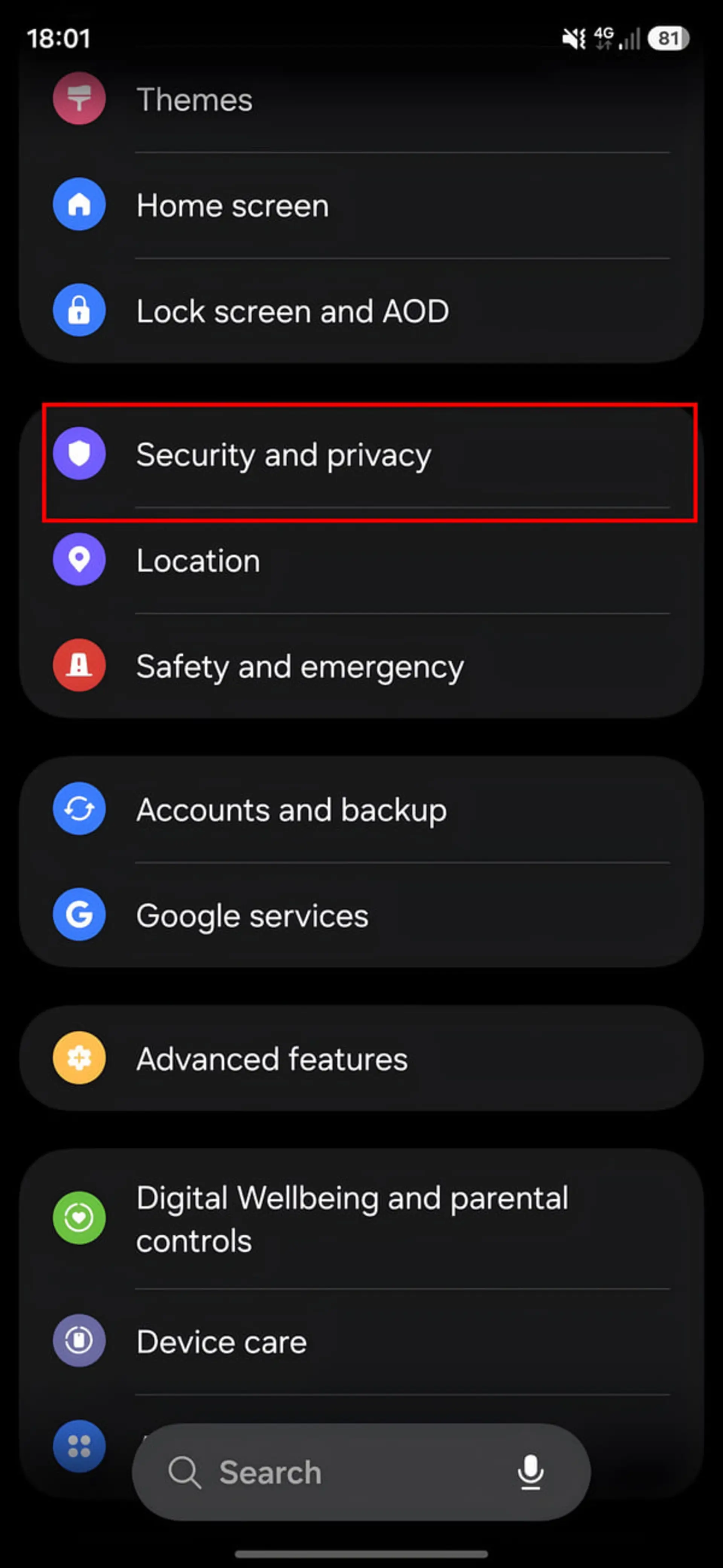منوی تنظیمات امنیت و حریم خصوصی (Security and privacy) در گوشی اندرویدی