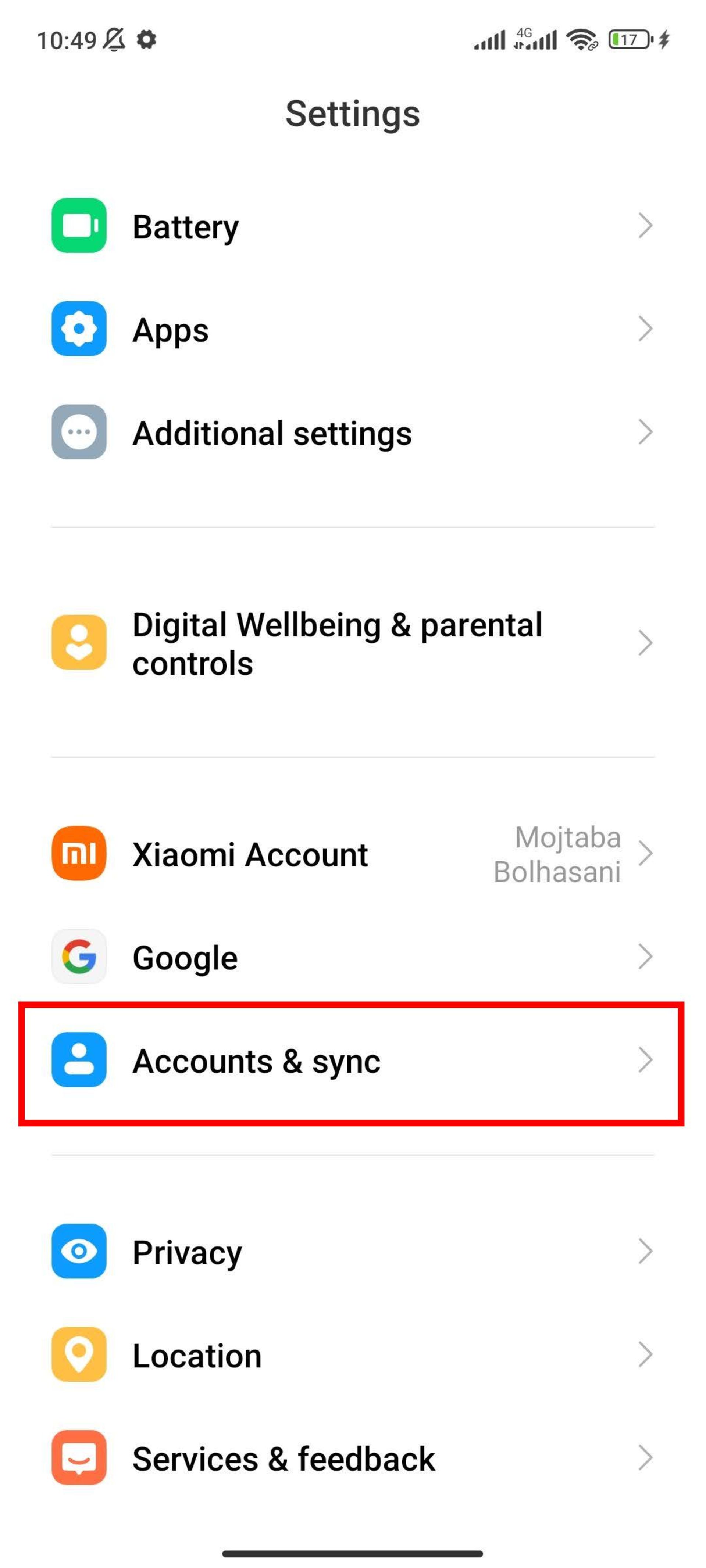 تنظیمات گوشی اندروید و گزینه Accounts