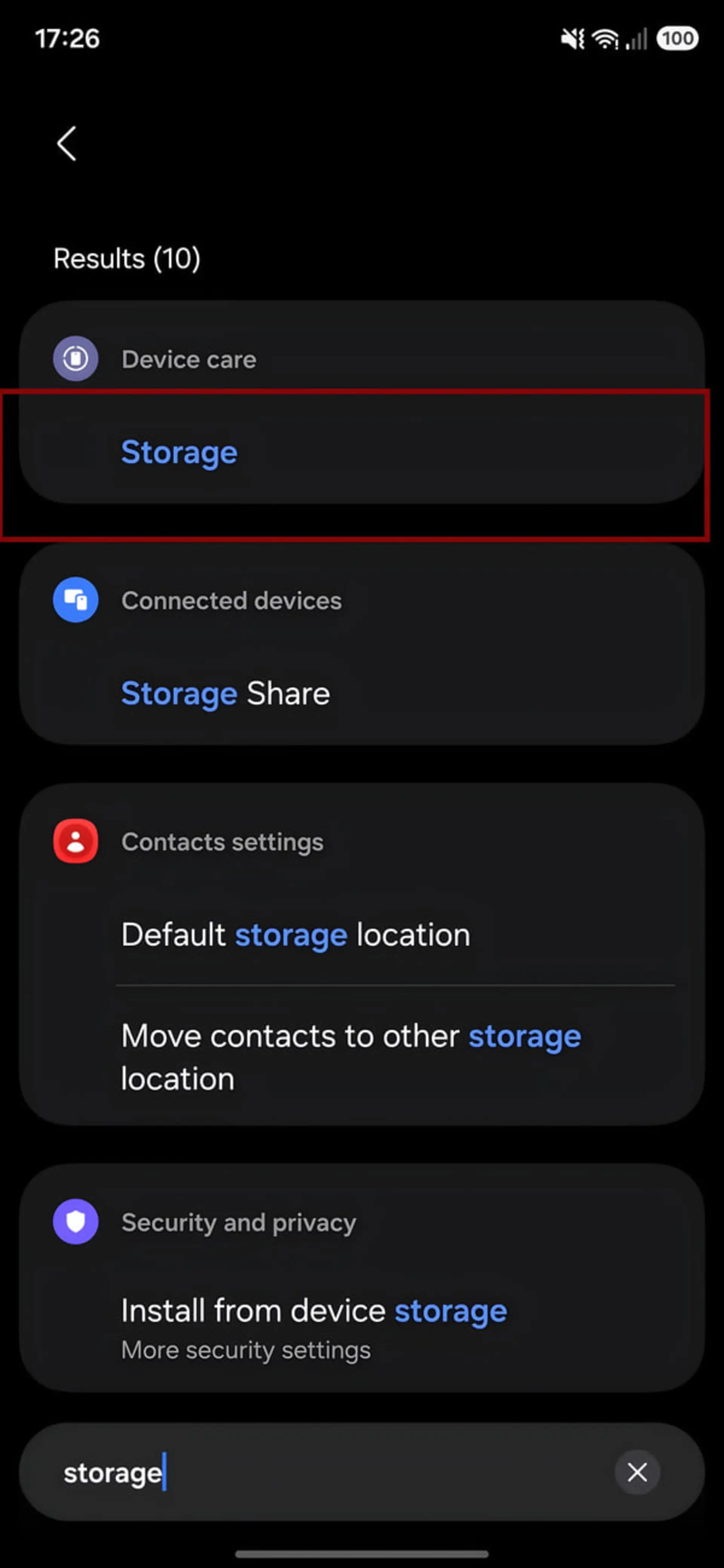 منوی تنظیمات حافظه (Storage) در گوشی هوشمند اندرویدی