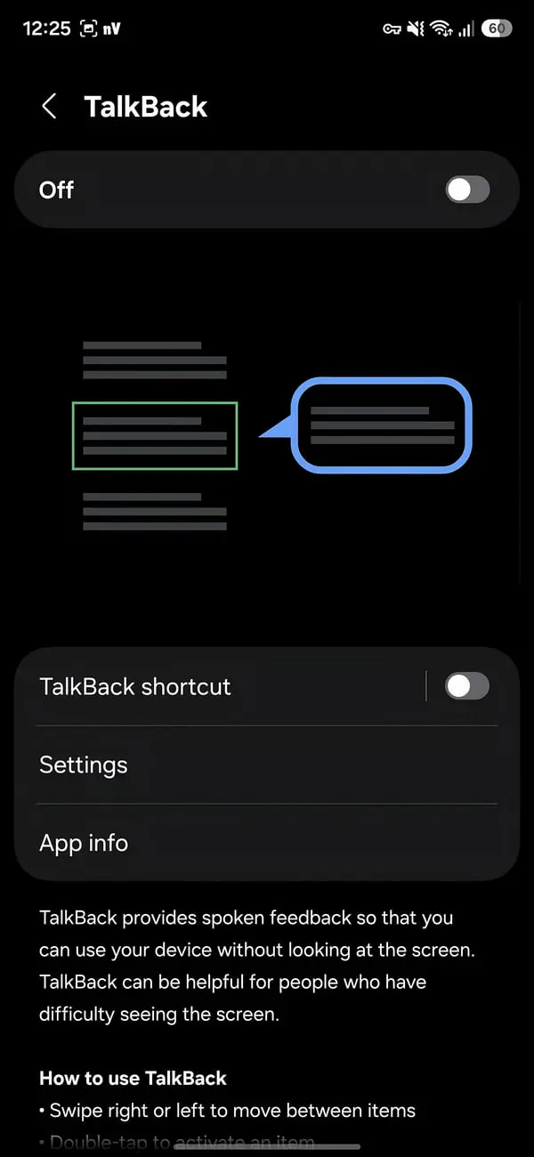 منوی تنظیمات قابلیت TalkBack (TalkBack) در گوشی هوشمند اندروید