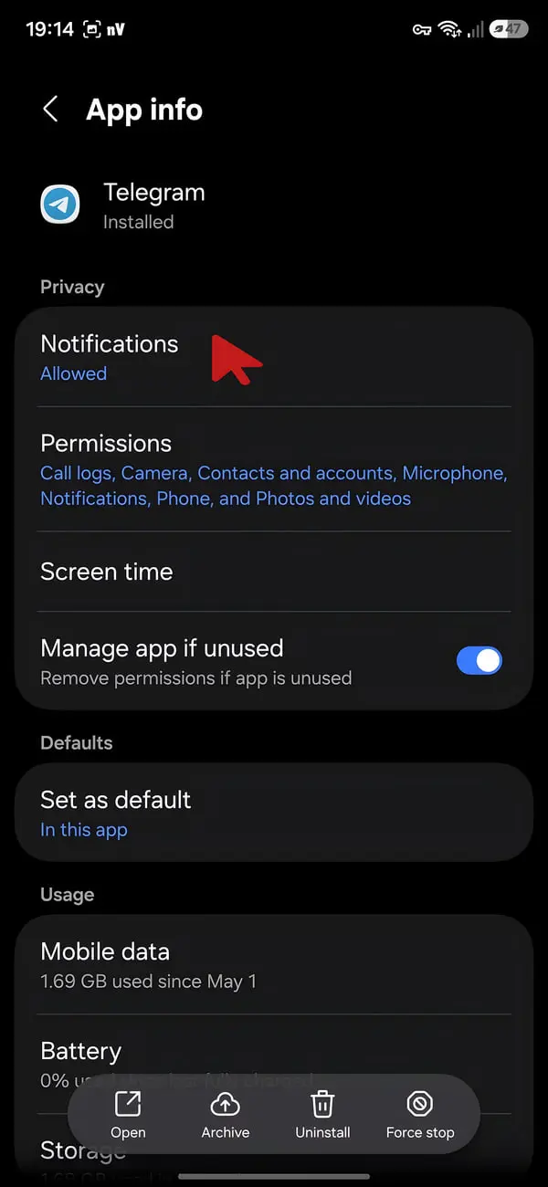 تنظیمات اعلان‌های (Notifications) اپلیکیشن تلگرام (Telegram) در منوی اطلاعات برنامه اندروید