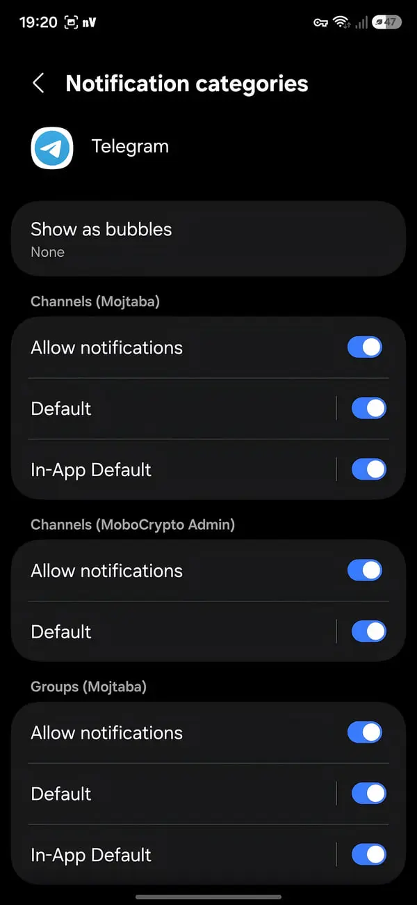 تنظیمات دسته‌بندی اعلان‌ها (Notification categories) در اپلیکیشن تلگرام (Telegram) اندروید