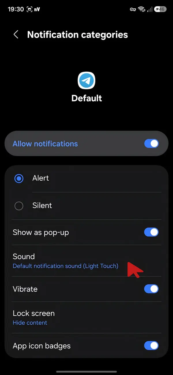 تنظیمات دسته‌بندی اعلان‌ها (Notification categories) در اپلیکیشن تلگرام اندروید