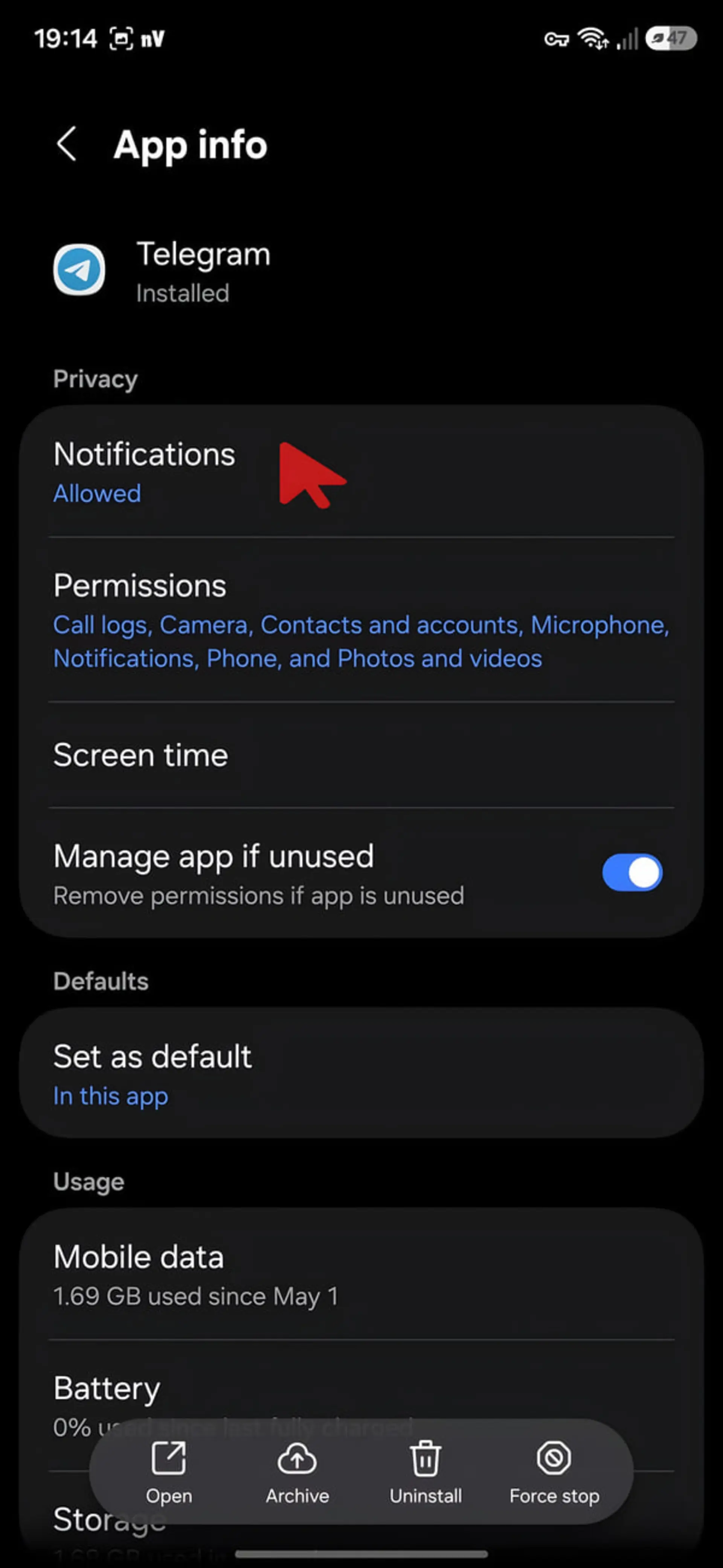 تنظیمات اعلان‌های (Notifications) اپلیکیشن تلگرام (Telegram) در منوی اطلاعات برنامه اندروید