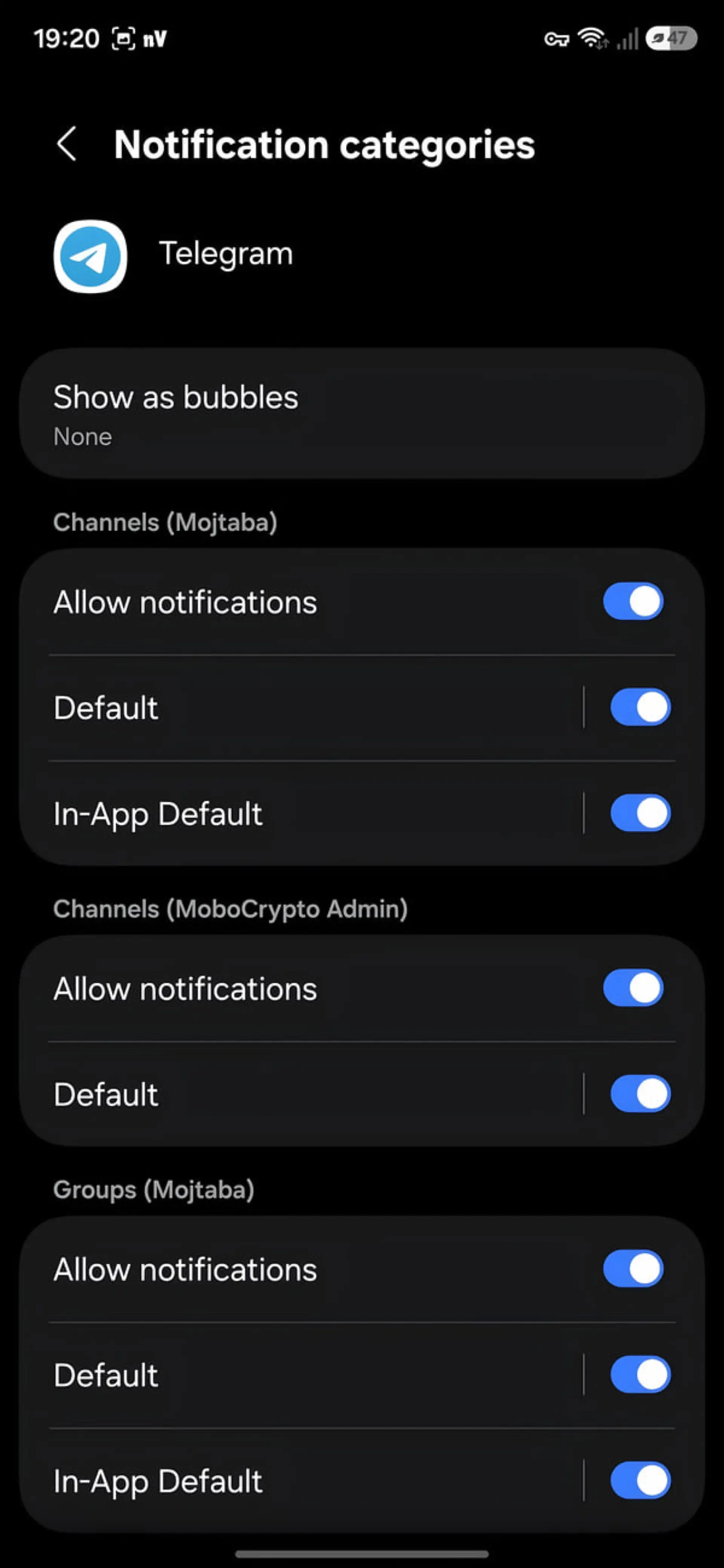 تنظیمات دسته‌بندی اعلان‌ها (Notification categories) در اپلیکیشن تلگرام (Telegram) اندروید