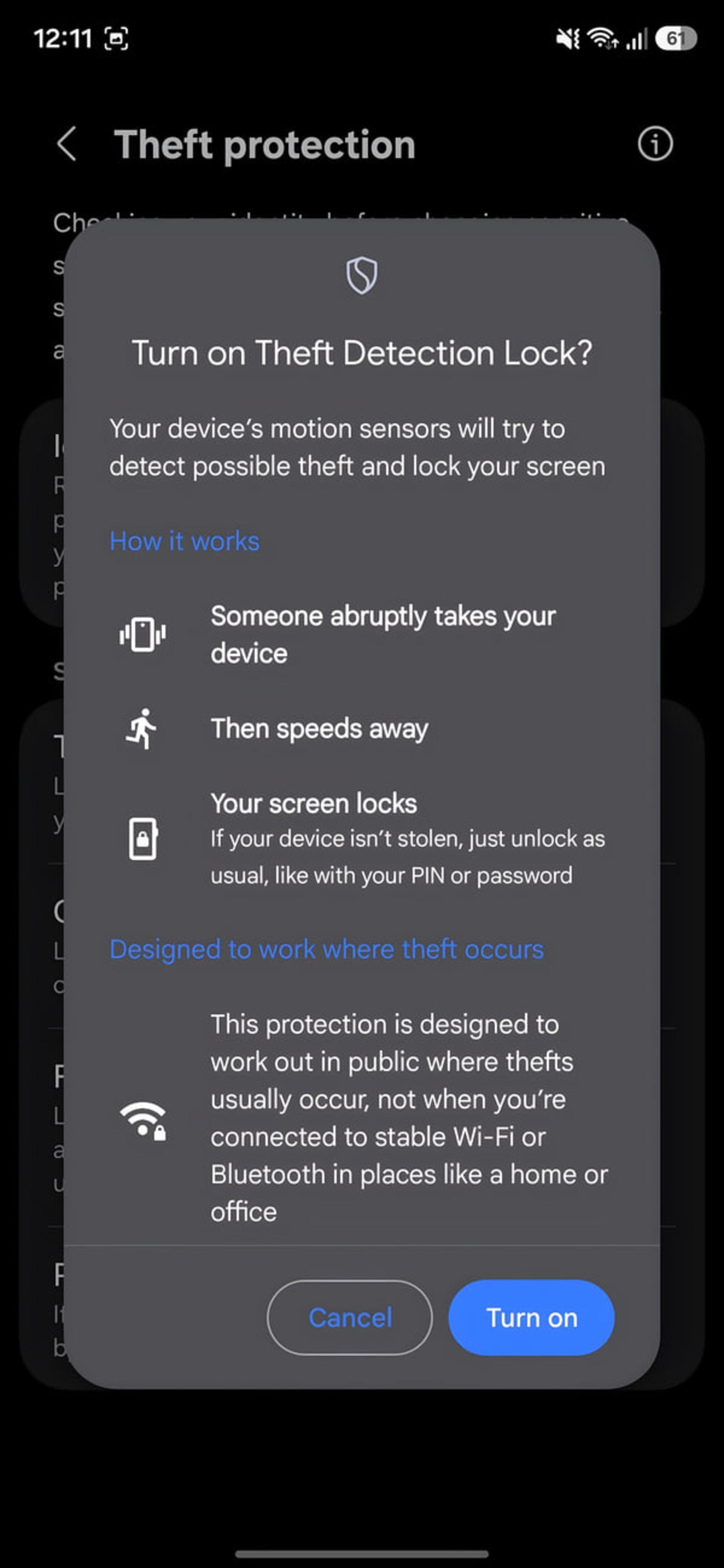 منوی فعالسازی قابلیت Theft Detection Lock در تنظیمات امنیتی گوشی اندروید