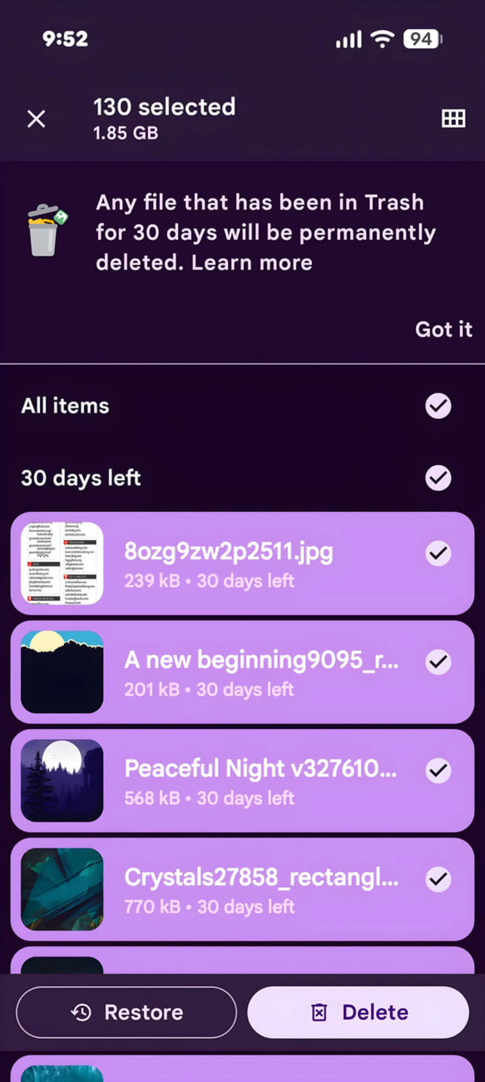 فایلهای انتخاب شده در بخش سطل زباله (Trash) سیستمعامل اندروید