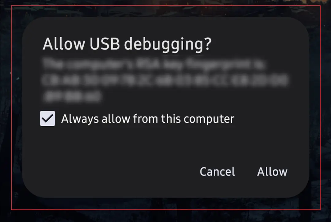 پنجره اجازه دسترسی دیباگ USB در گوشی اندروید
