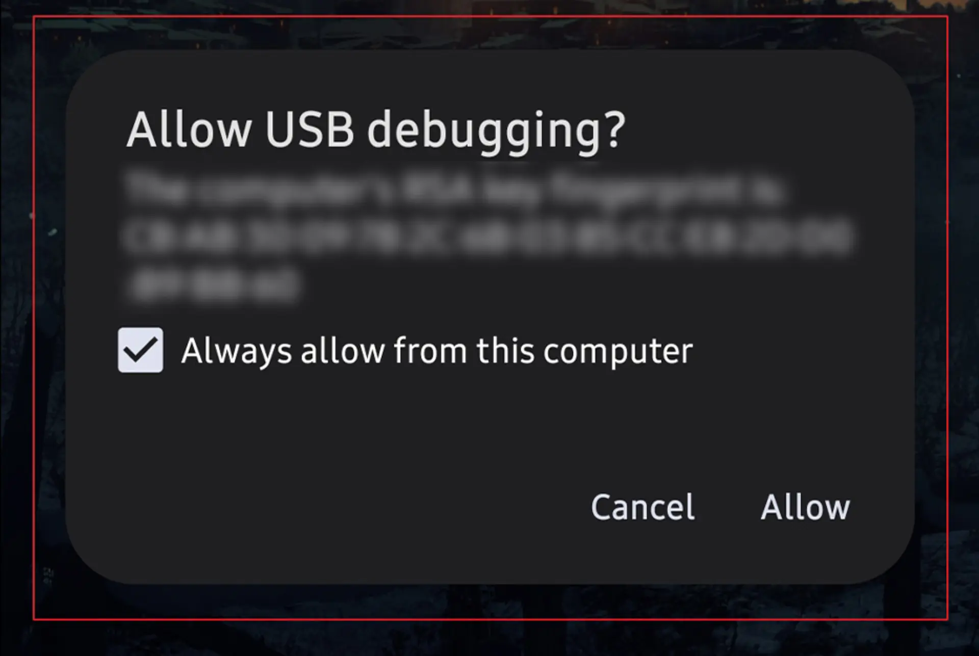 پنجره اجازه دسترسی دیباگ USB در گوشی اندروید