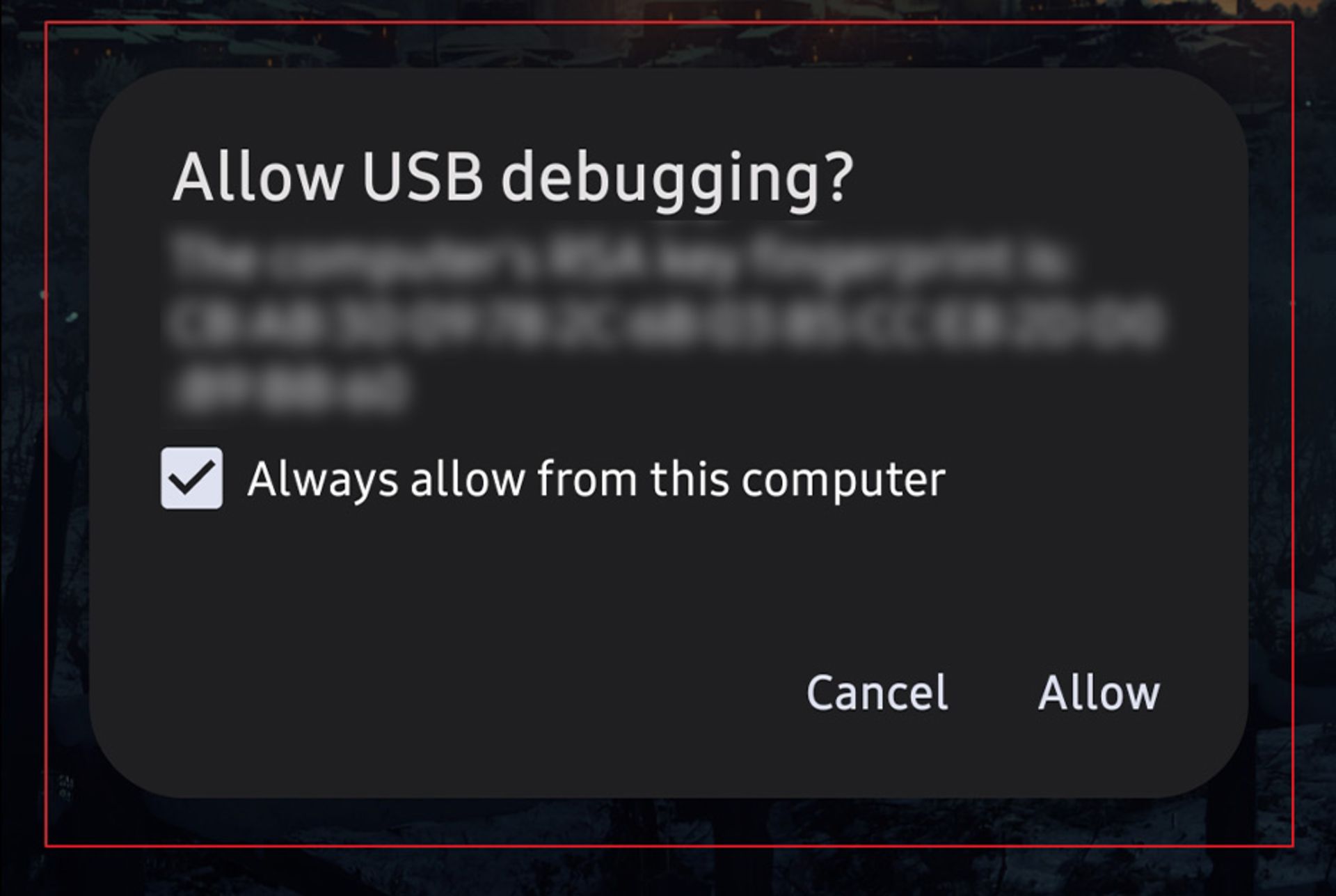 پنجره اجازه دسترسی دیباگ USB در گوشی اندروید
