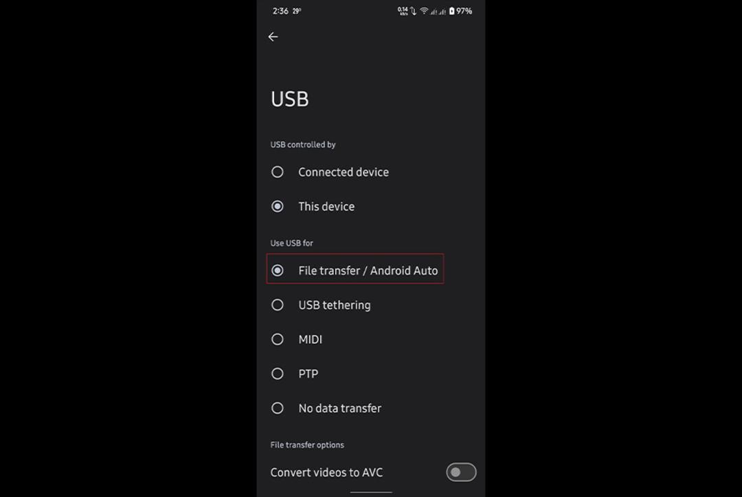تنظیمات USB در اندروید برای انتقال فایل