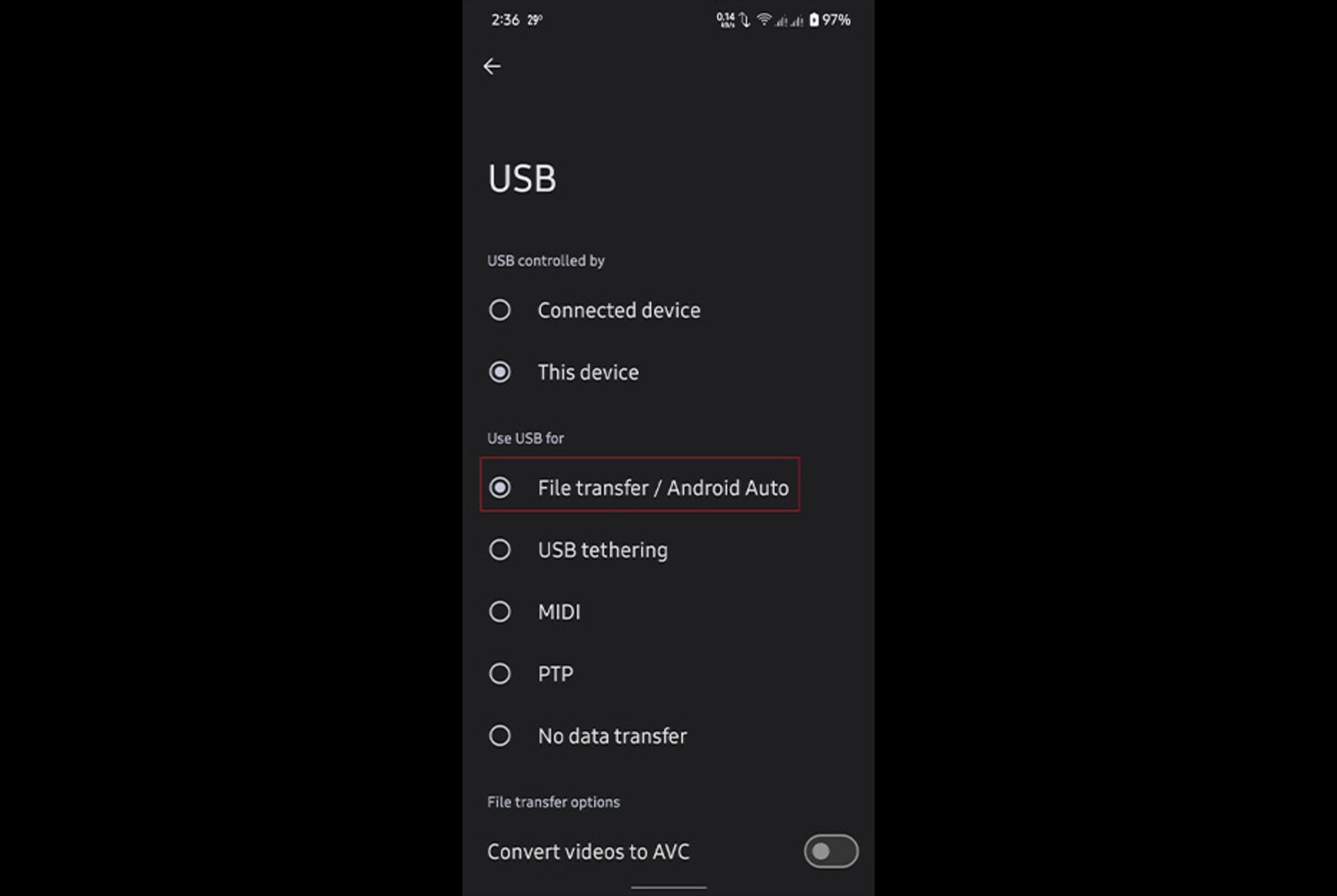 تنظیمات USB در اندروید برای انتقال فایل