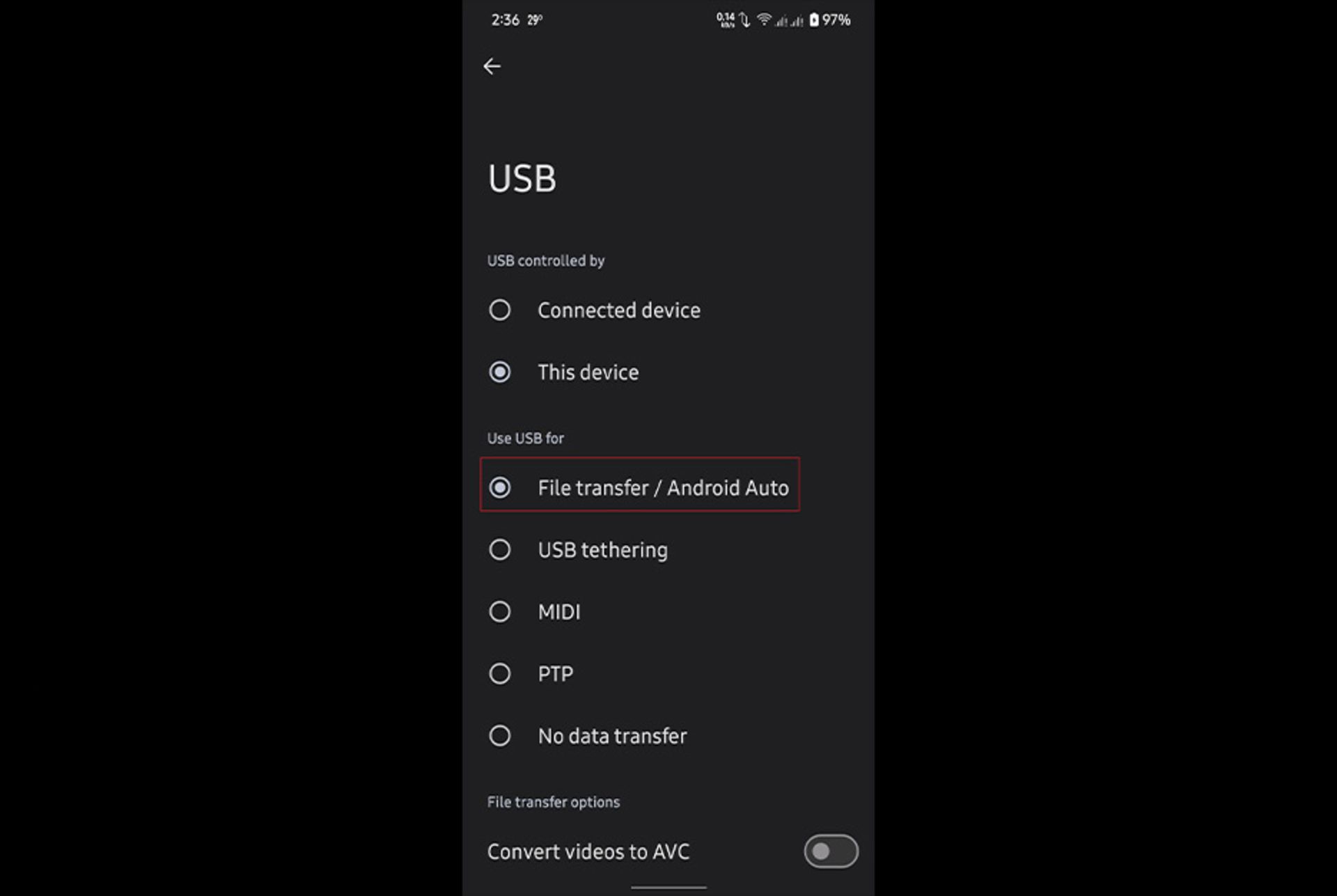 تنظیمات USB در اندروید برای انتقال فایل