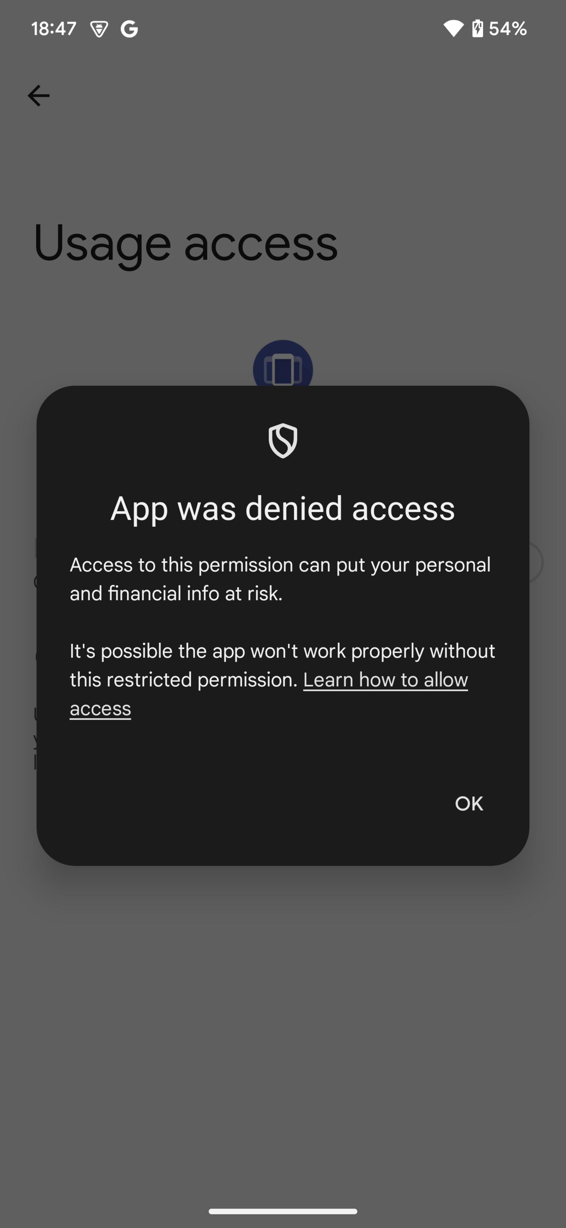 صفحه تنظیمات اندروید ۱۵ محدودیت دسترسی به usage access