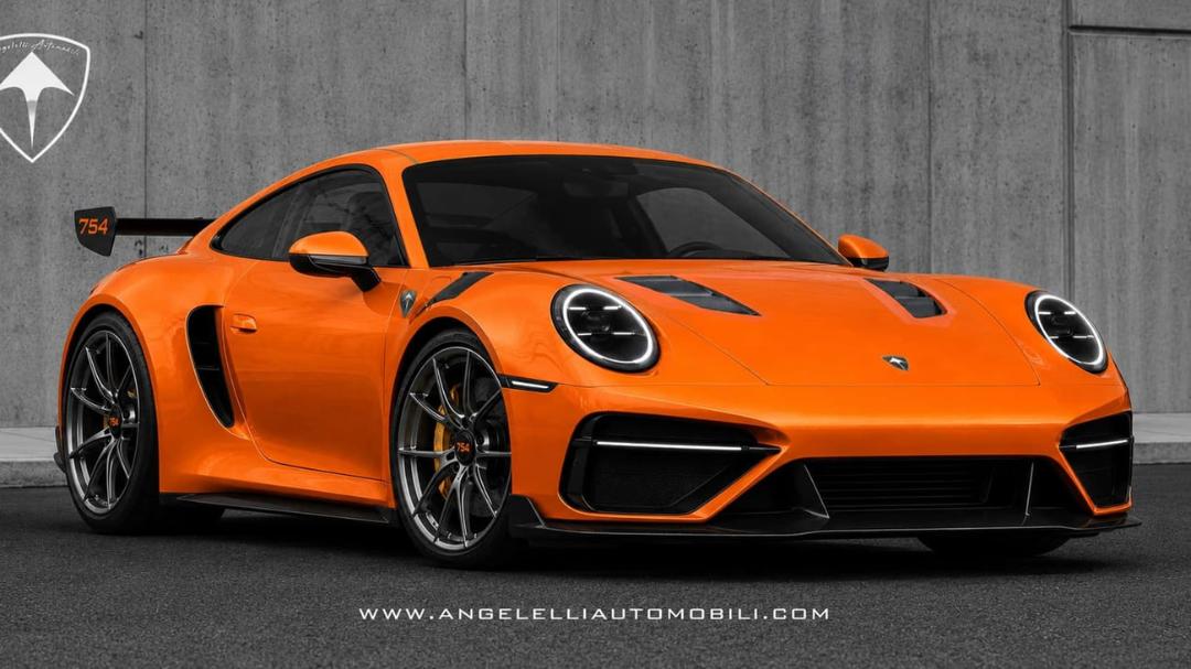 خودروی اسپرت نارنجی رنگ پروژه ۷۵۴ از شرکت Angelelli Automobili در مقابل یک دیوار بتنی
