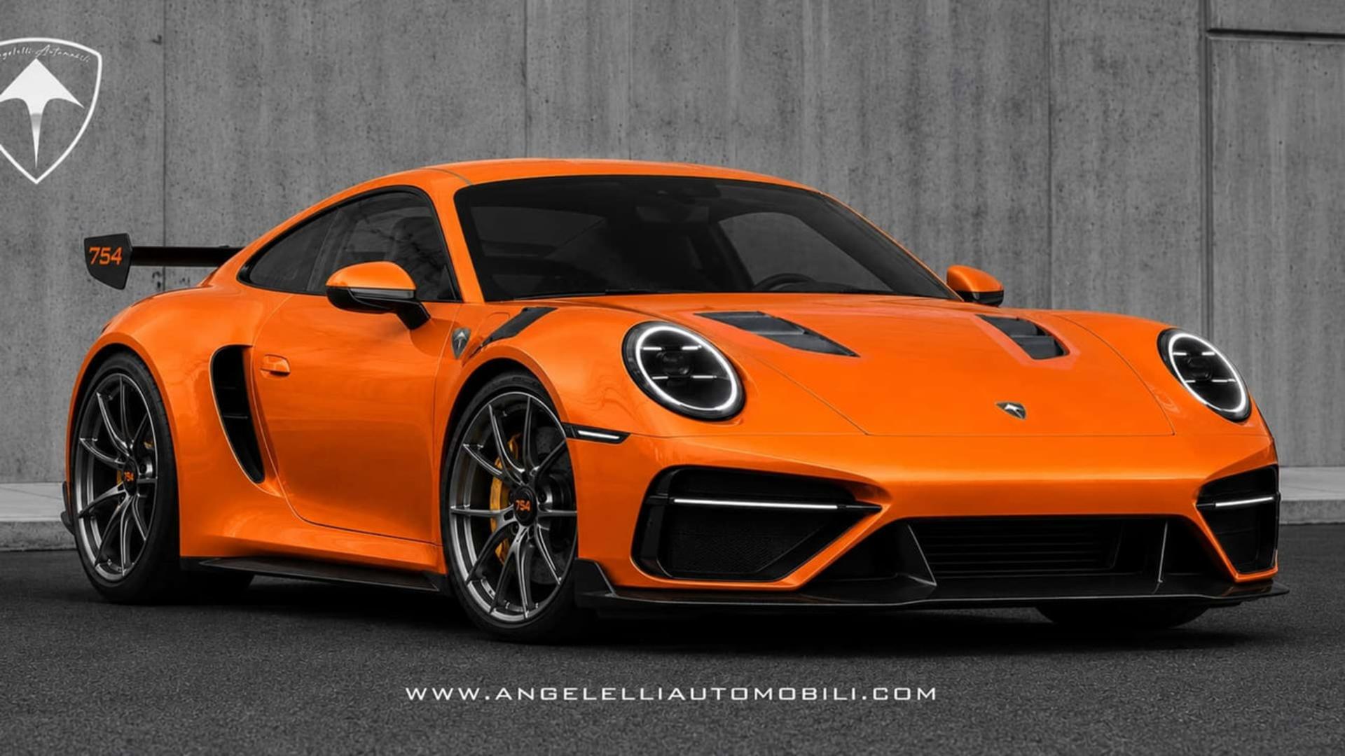 خودروی اسپرت نارنجی رنگ پروژه ۷۵۴ از شرکت Angelelli Automobili در مقابل یک دیوار بتنی